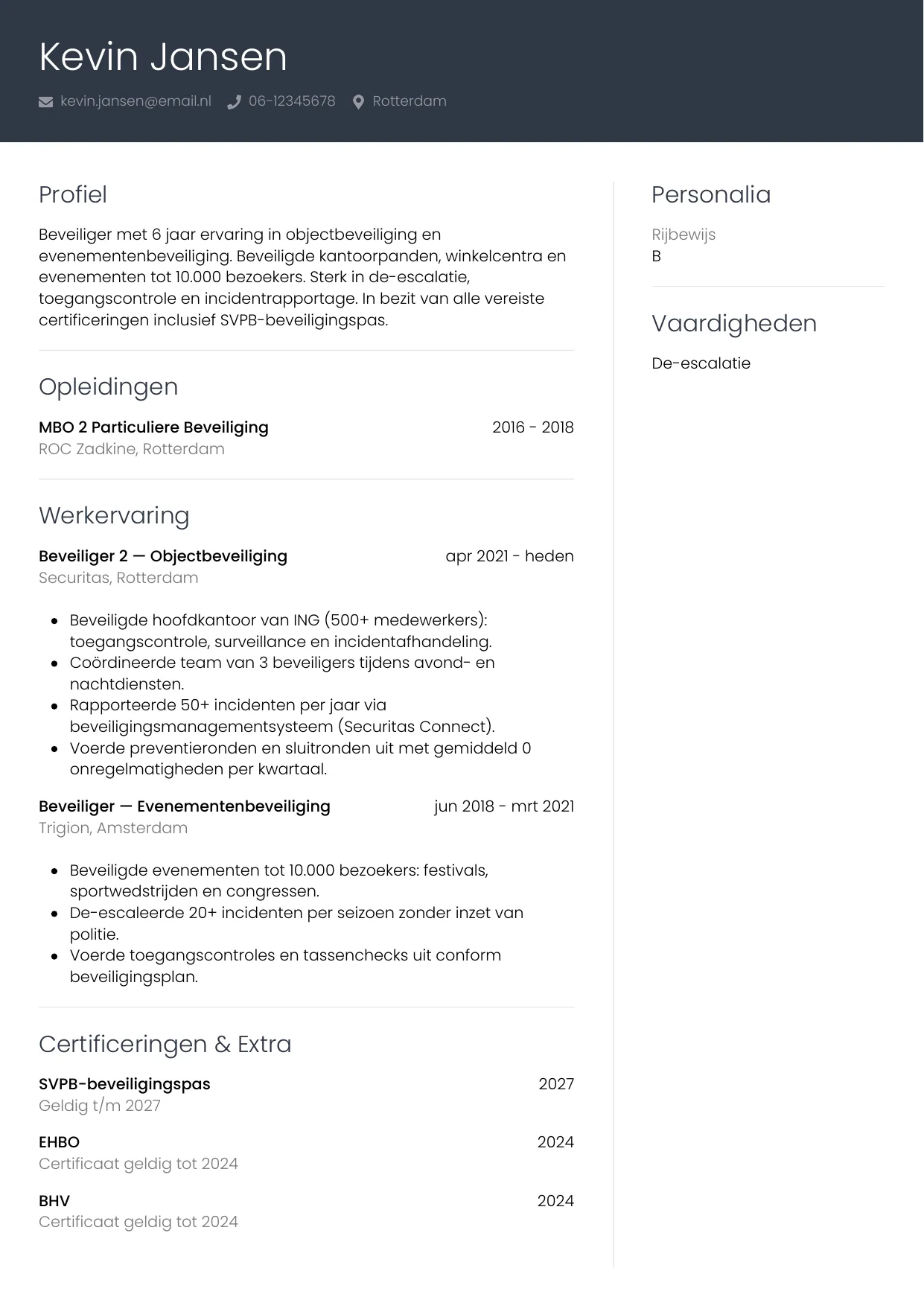 CV Professioneel voor beveiliger