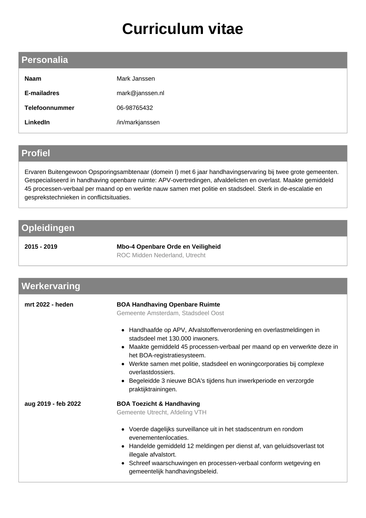 CV Klassiek voor boa (buitengewoon opsporingsambtenaar)