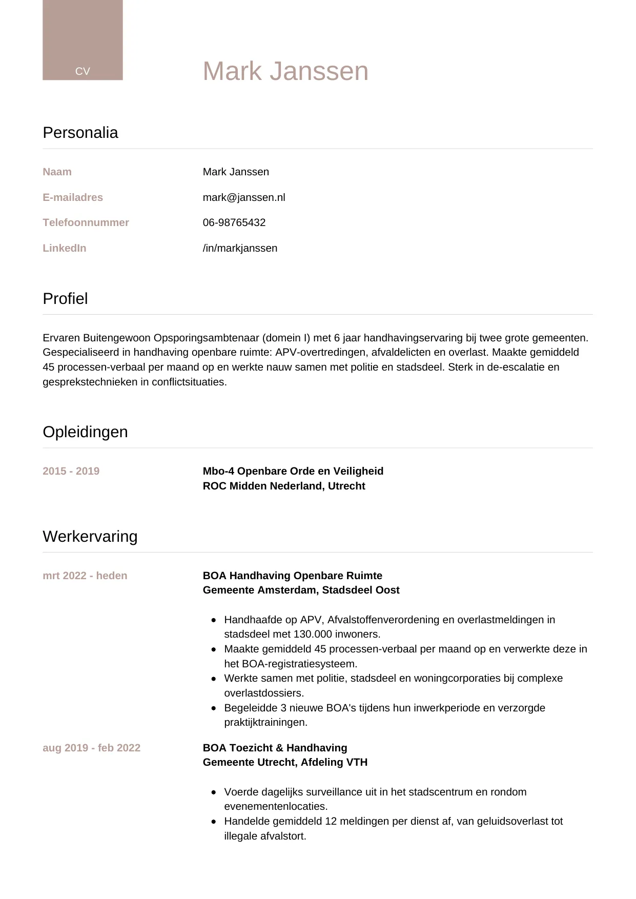 CV Luxe voor boa (buitengewoon opsporingsambtenaar)