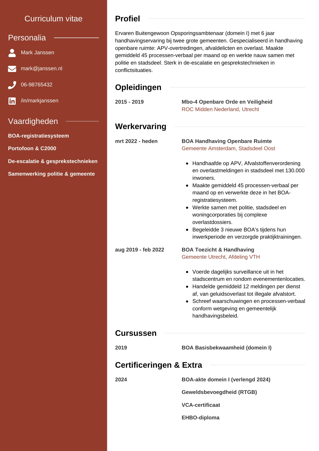 CV Modern voor boa (buitengewoon opsporingsambtenaar)