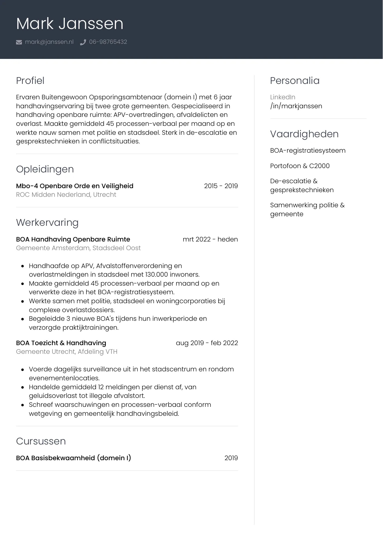 CV Professioneel voor boa (buitengewoon opsporingsambtenaar)