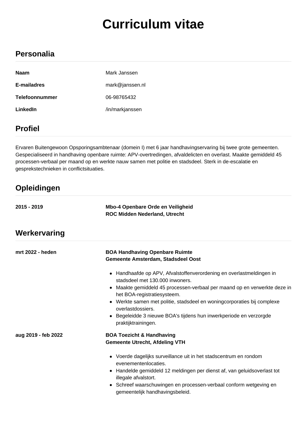 CV Simpel voor boa (buitengewoon opsporingsambtenaar)