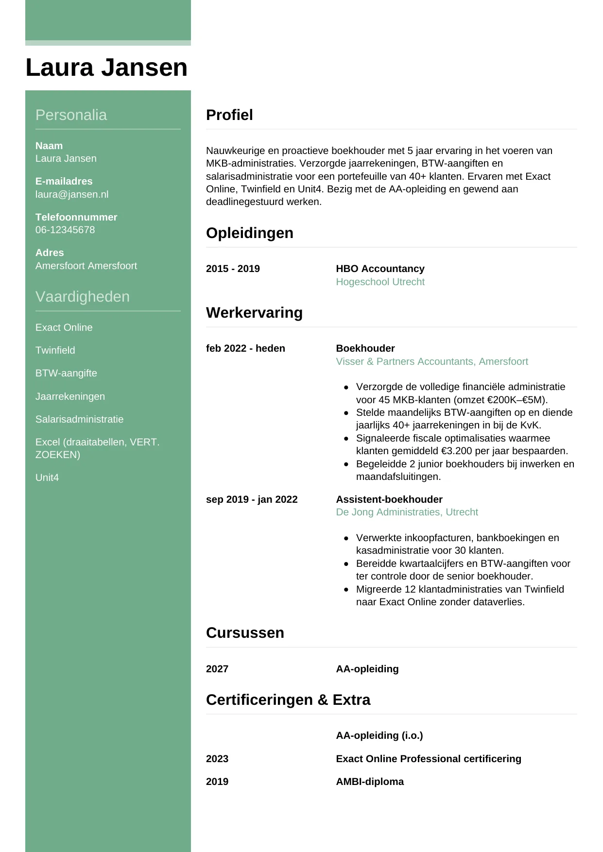 Voorbeeld CV voor boekhouder in template Casual. CV Casual voor boekhouder
