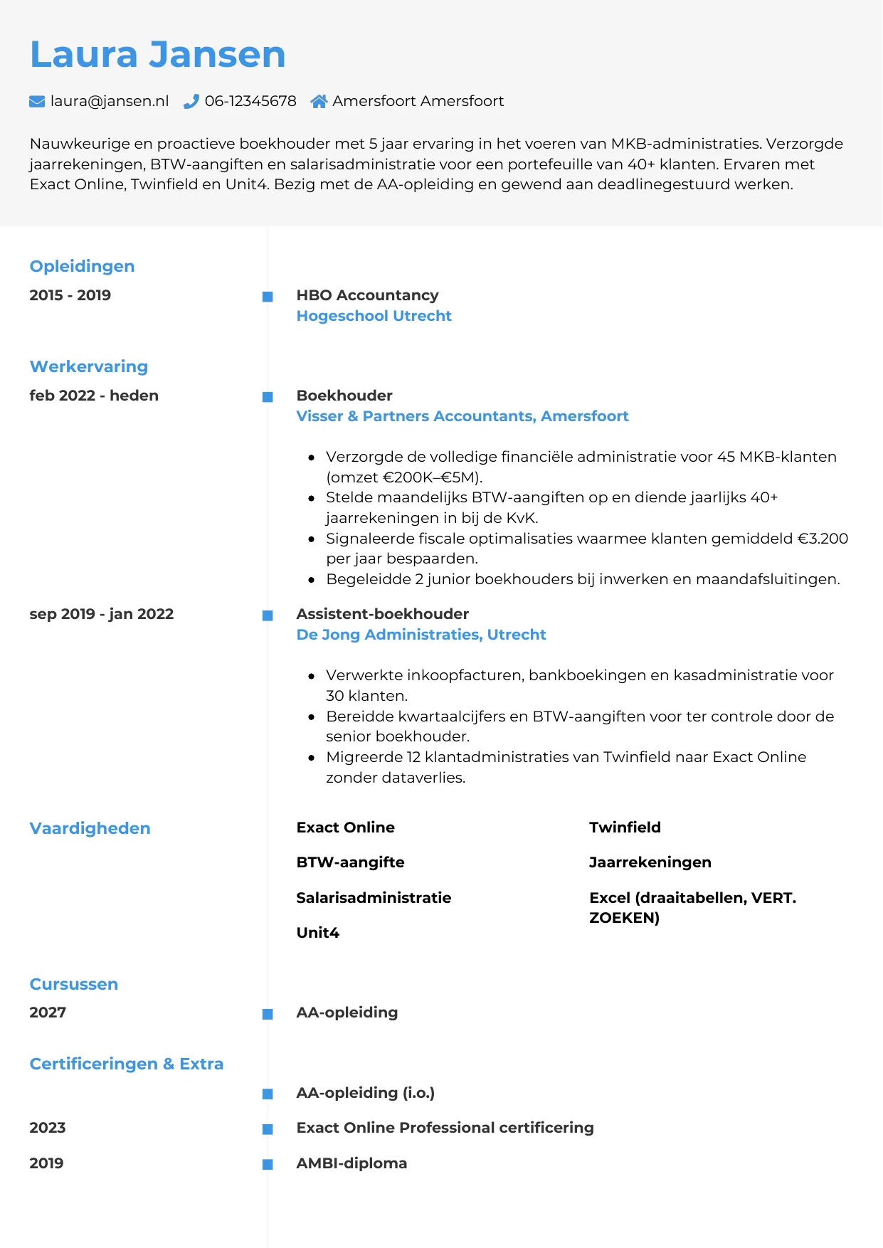 Voorbeeld CV voor boekhouder in template Chrono. CV Chrono voor boekhouder