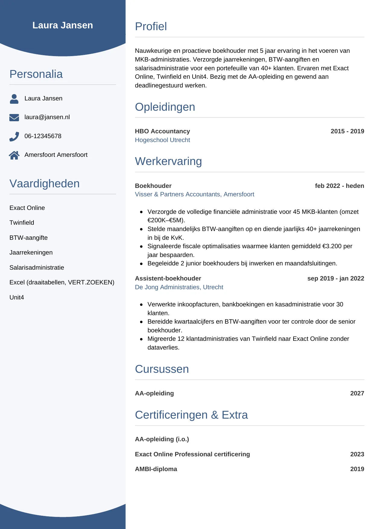 Voorbeeld CV voor boekhouder in template Circulair. CV Circulair voor boekhouder