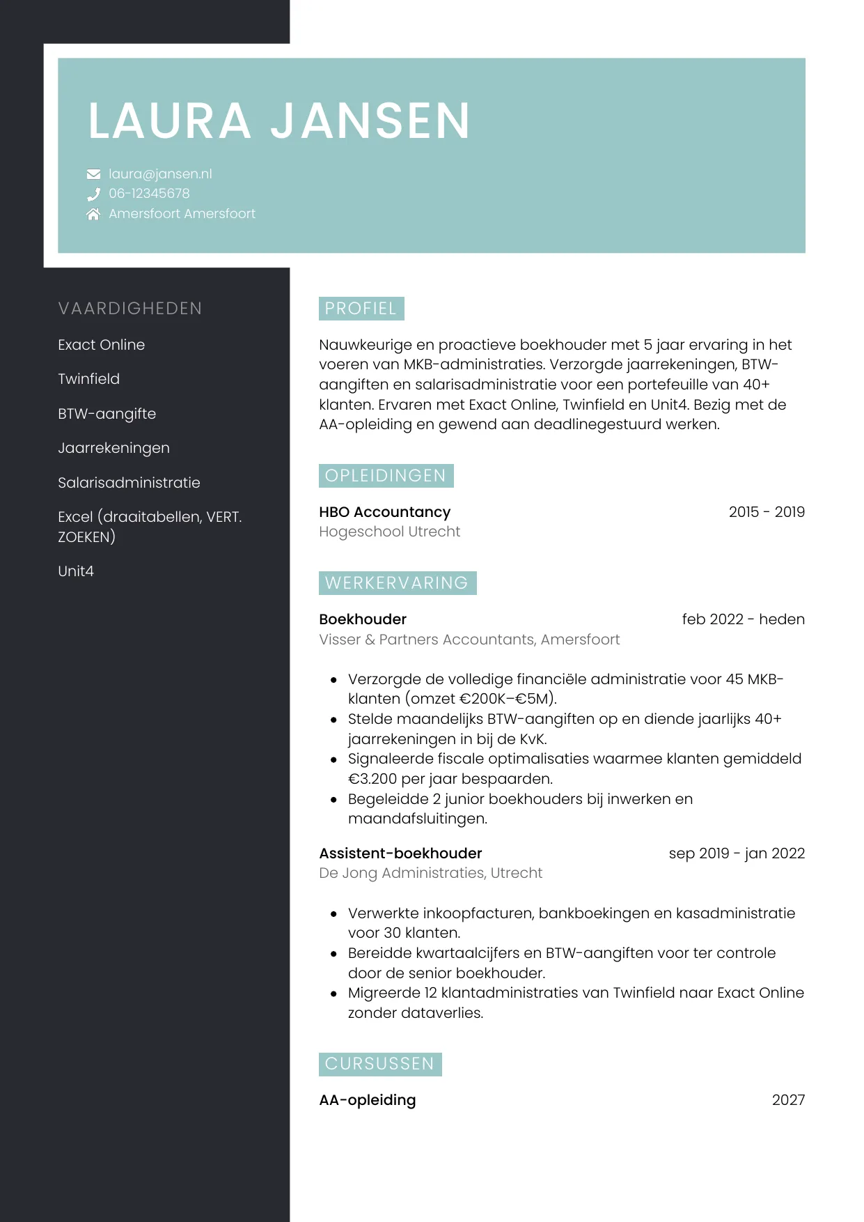 Voorbeeld CV voor boekhouder in template Elegant. CV Elegant voor boekhouder