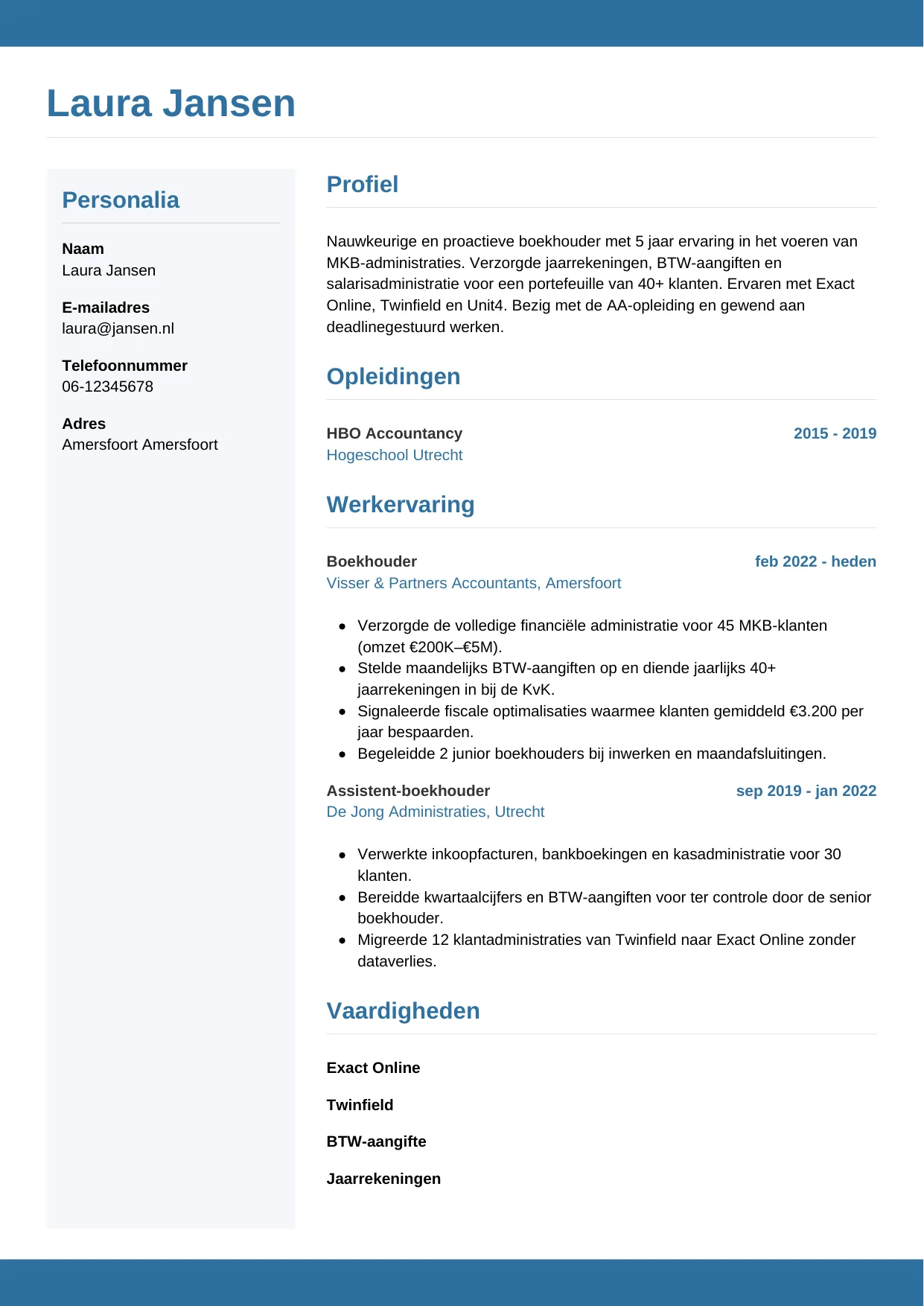 Voorbeeld CV voor boekhouder in template Horizontaal. CV Horizontaal voor boekhouder