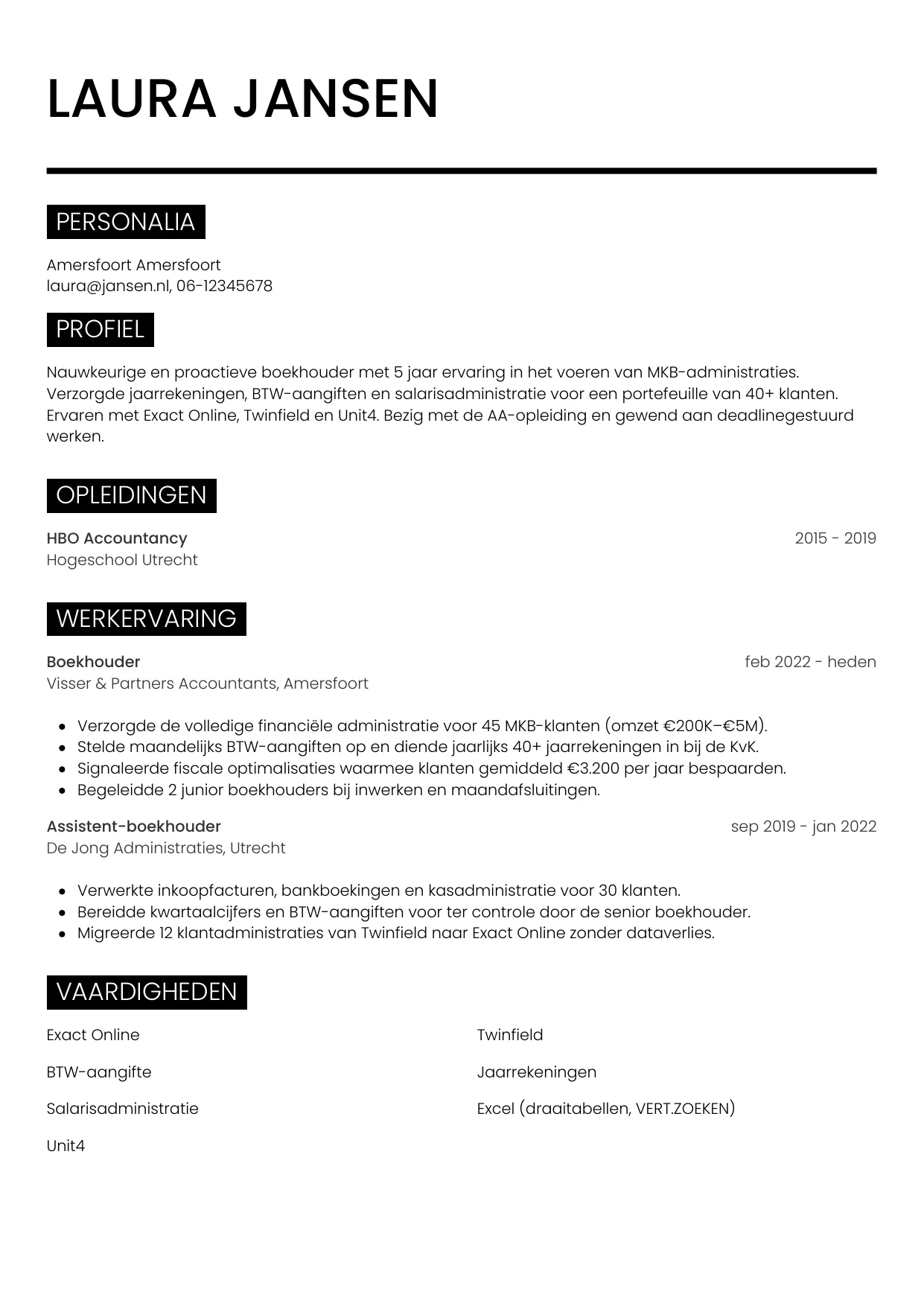 Voorbeeld CV voor boekhouder in template Metro. CV Metro voor boekhouder