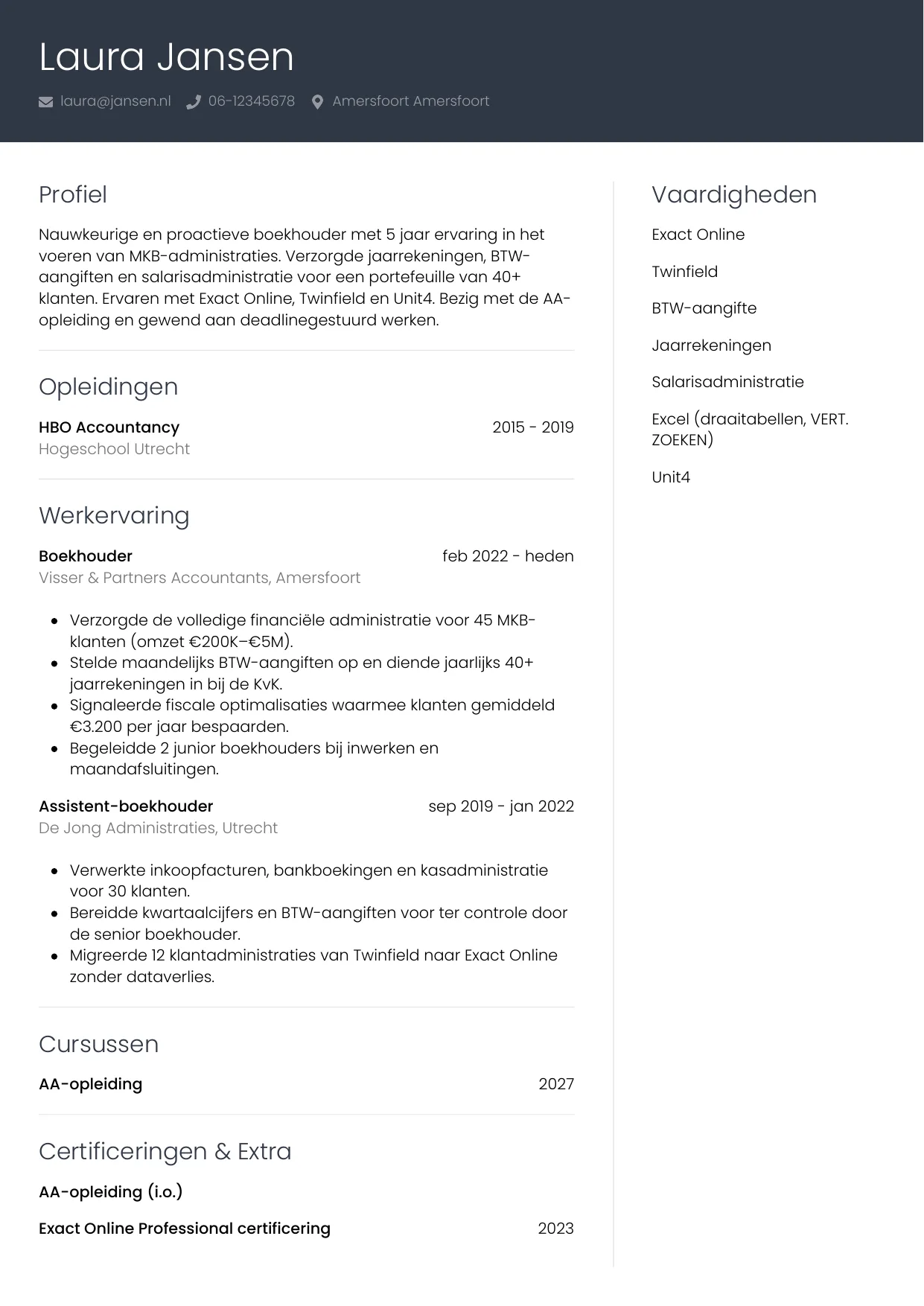 Voorbeeld CV voor boekhouder in template Professioneel. CV Professioneel voor boekhouder