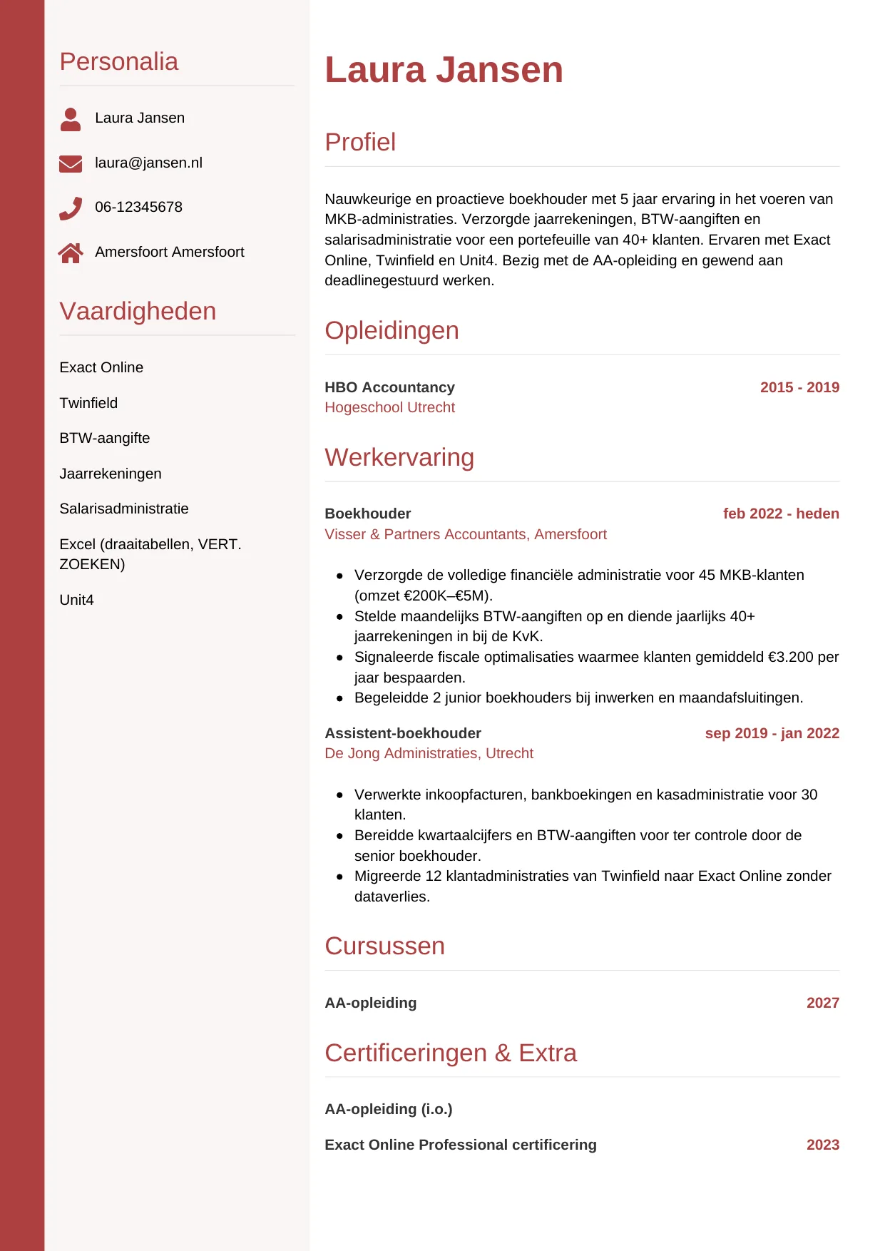 Voorbeeld CV voor boekhouder in template Verticaal. CV Verticaal voor boekhouder