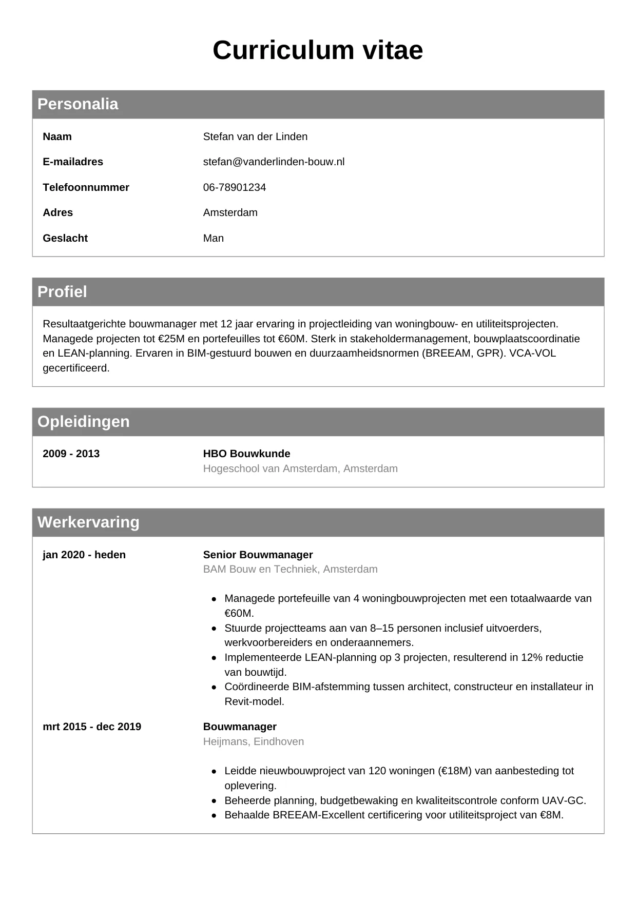 CV Klassiek voor bouwmanager