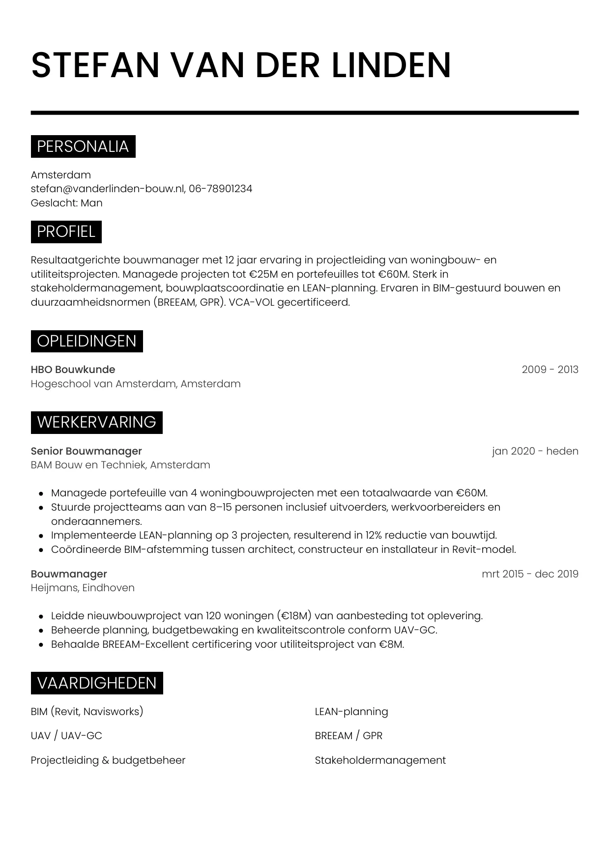 CV Metro voor bouwmanager