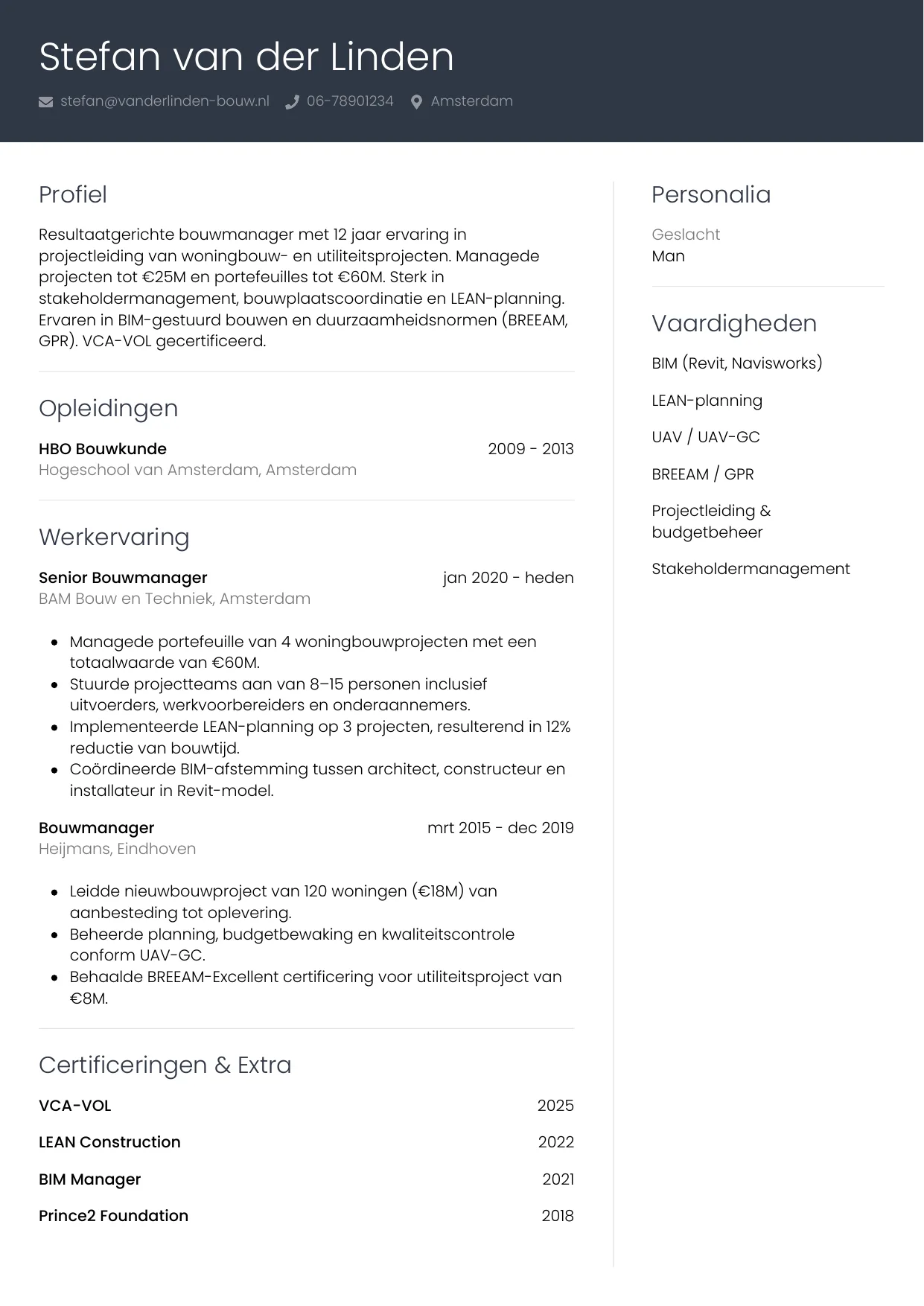 CV Professioneel voor bouwmanager