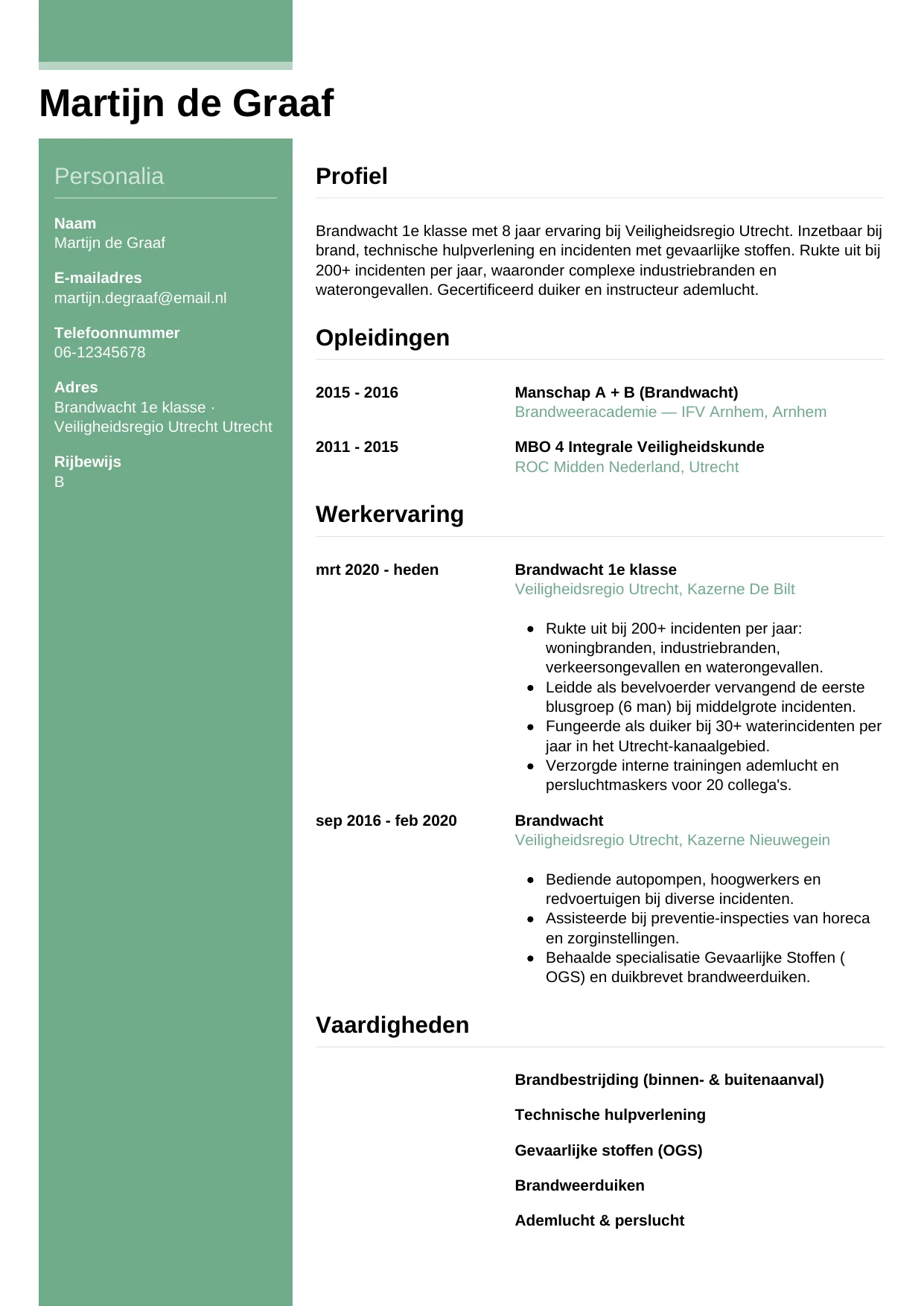 Voorbeeld CV voor brandweerman in template Casual. CV Casual voor brandweerman