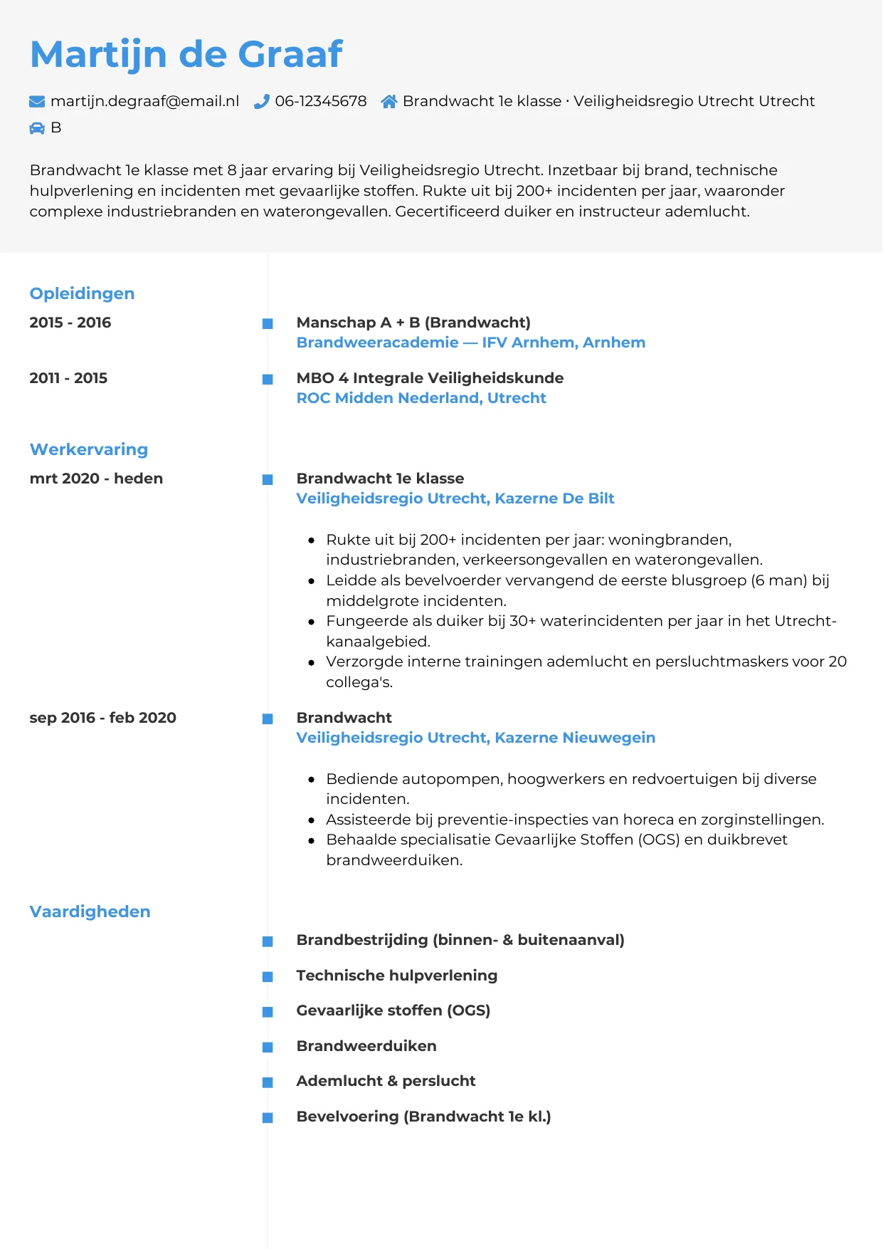 Voorbeeld CV voor brandweerman in template Chrono. CV Chrono voor brandweerman