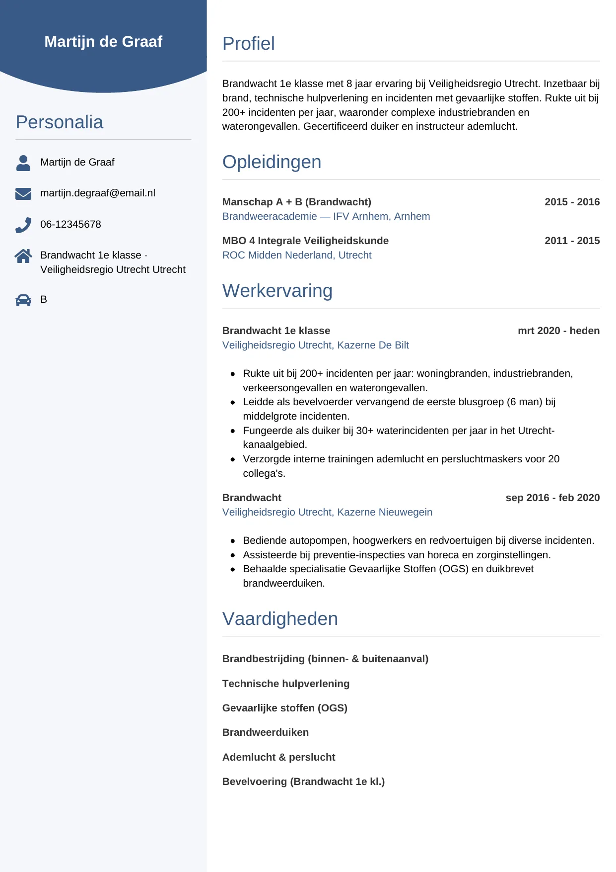 Voorbeeld CV voor brandweerman in template Circulair. CV Circulair voor brandweerman