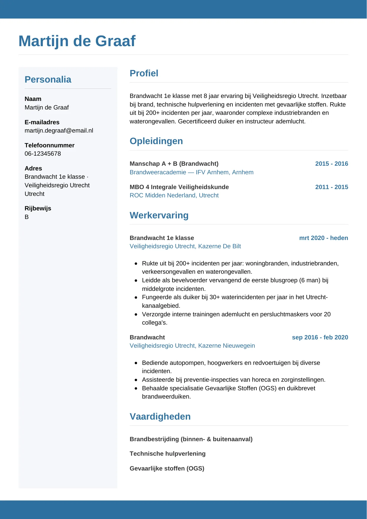 Voorbeeld CV voor brandweerman in template Horizontaal. CV Horizontaal voor brandweerman