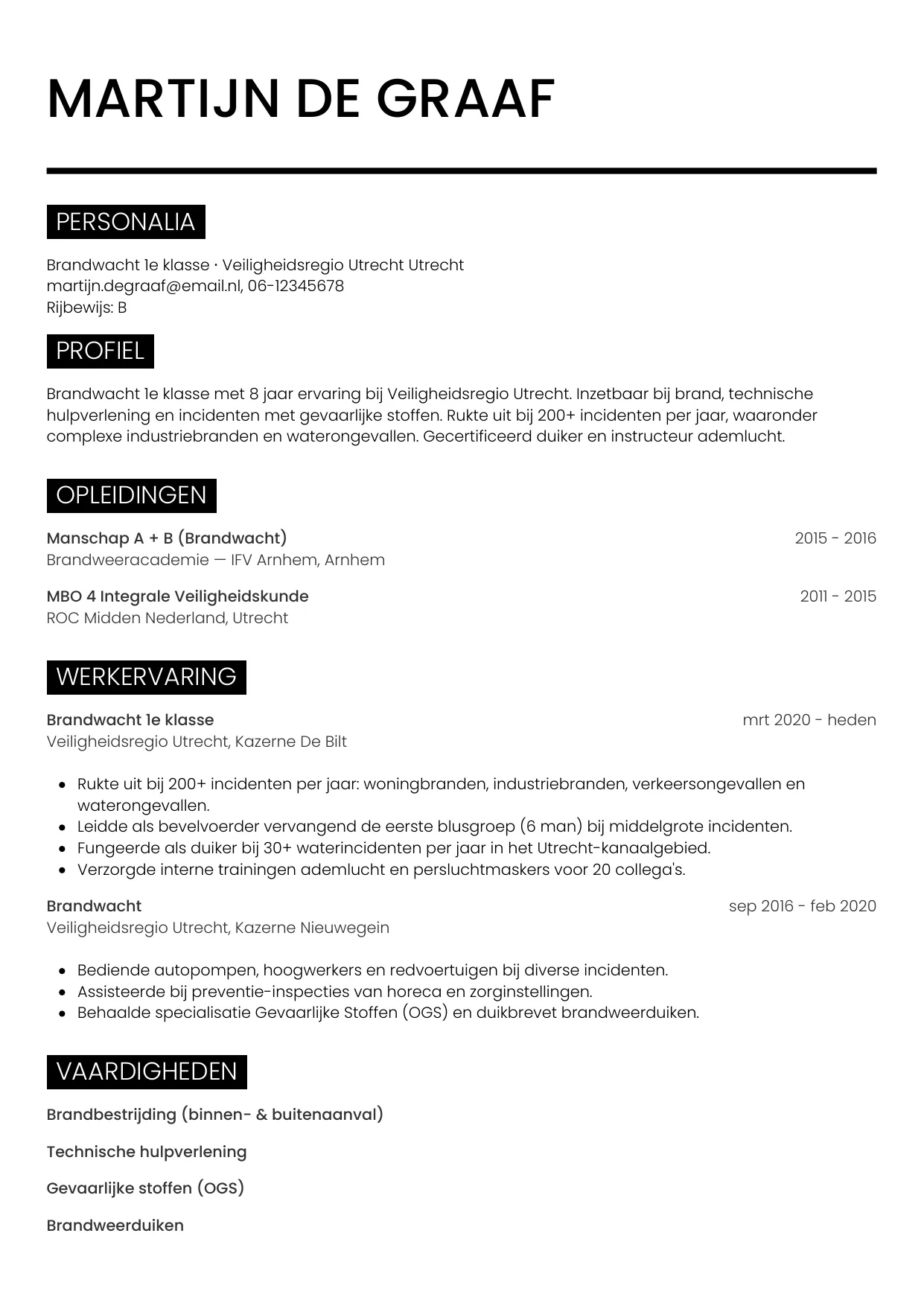 Voorbeeld CV voor brandweerman in template Metro. CV Metro voor brandweerman