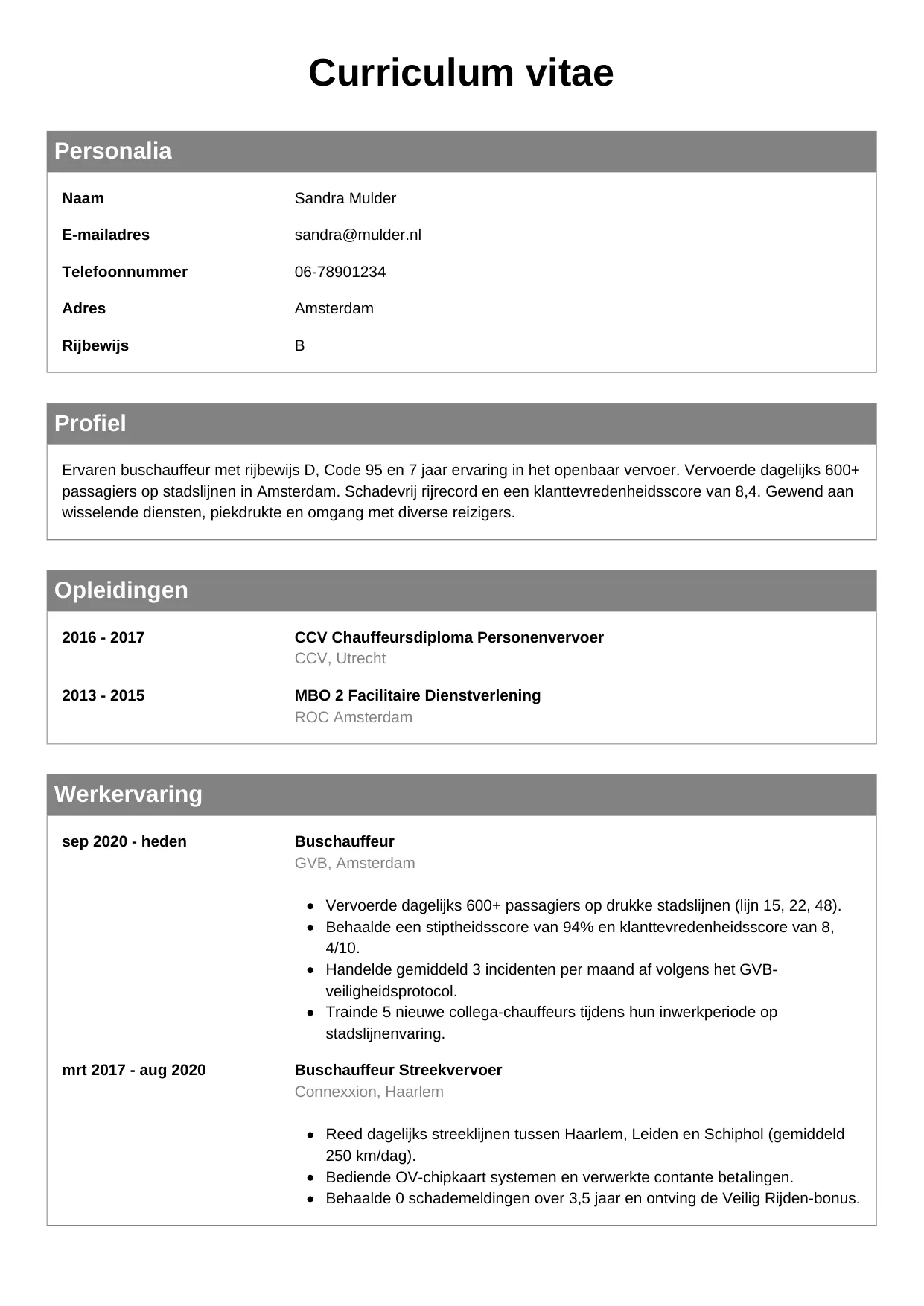 CV Klassiek voor buschauffeur