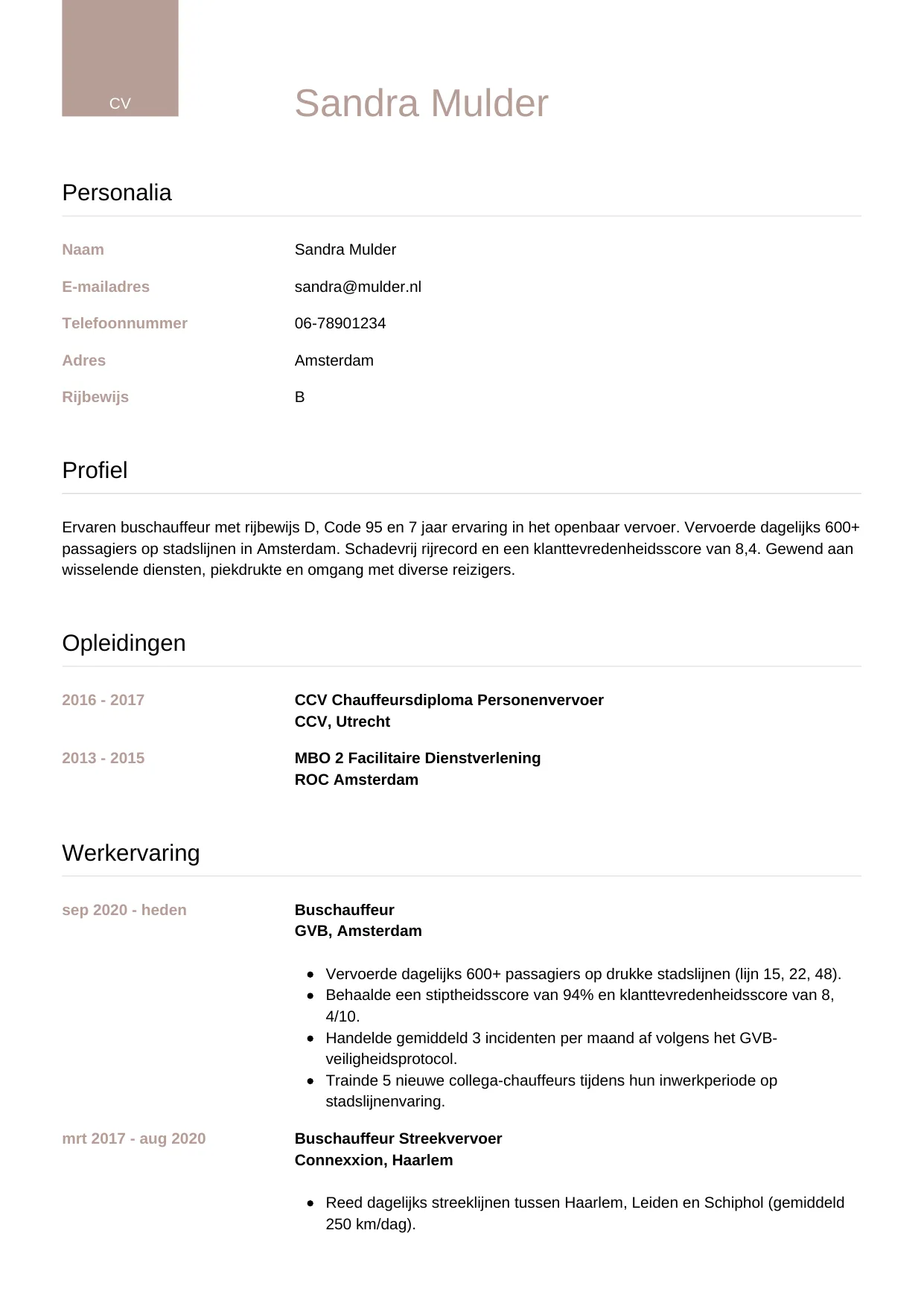 CV Luxe voor buschauffeur