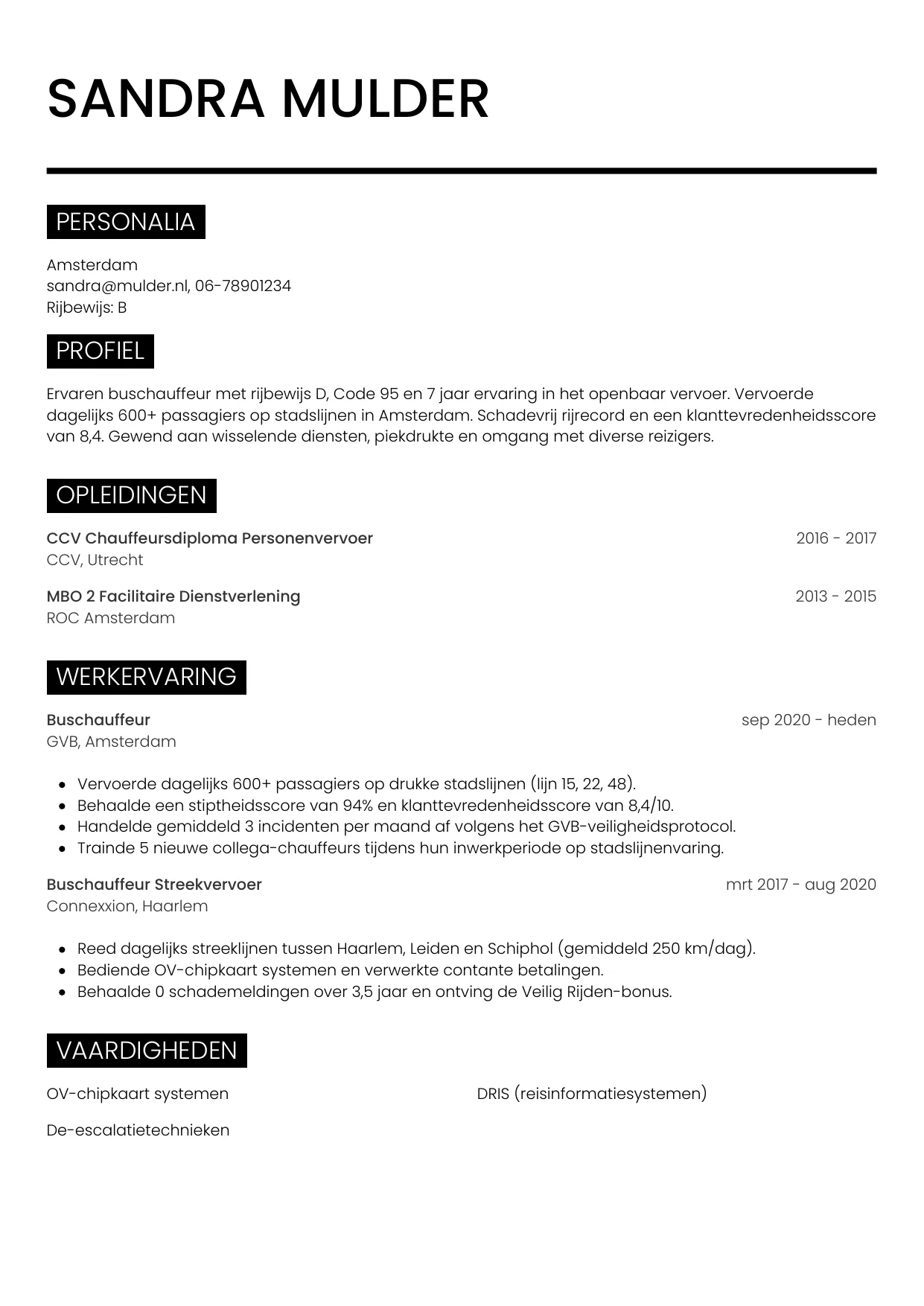 CV Metro voor buschauffeur