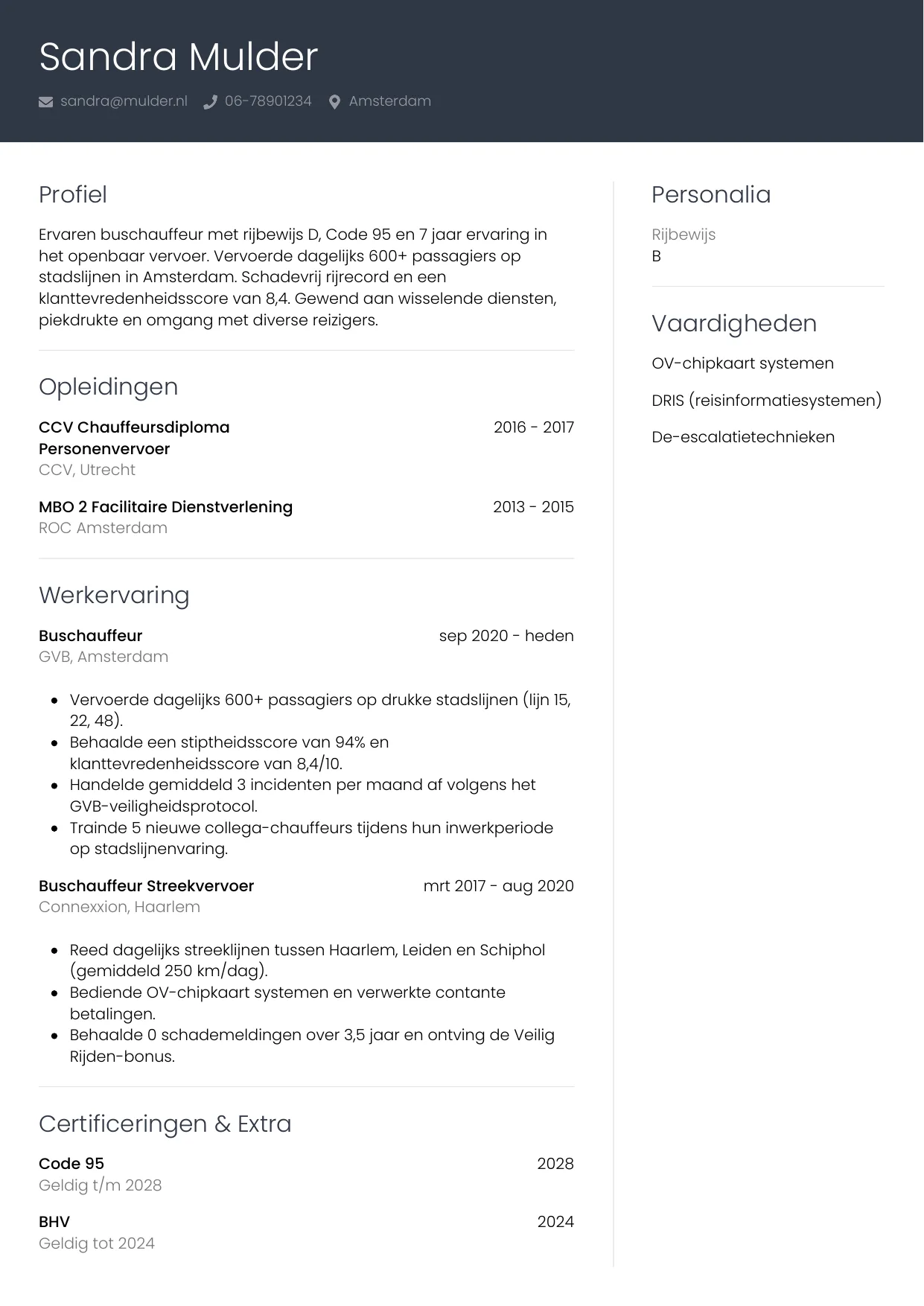 CV Professioneel voor buschauffeur