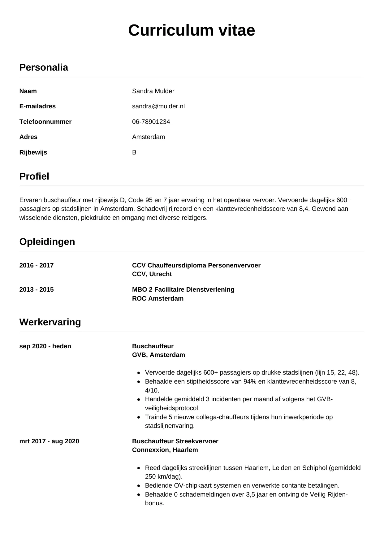 CV Simpel voor buschauffeur
