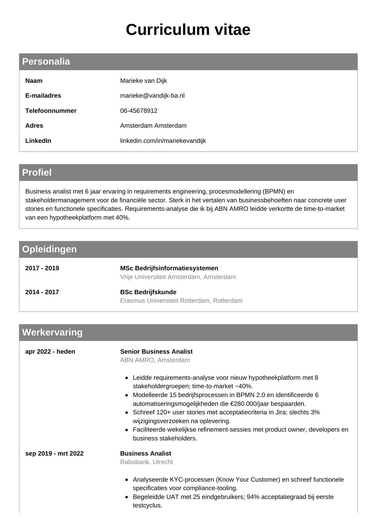 CV Klassiek voor business analist