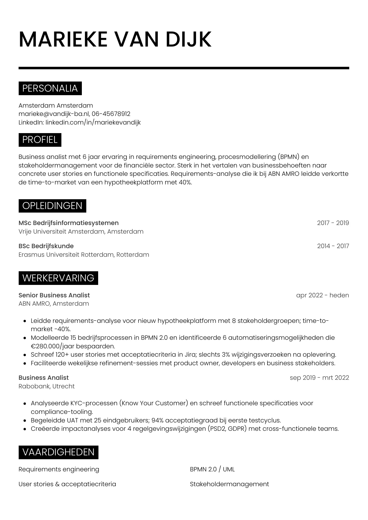 CV Metro voor business analist