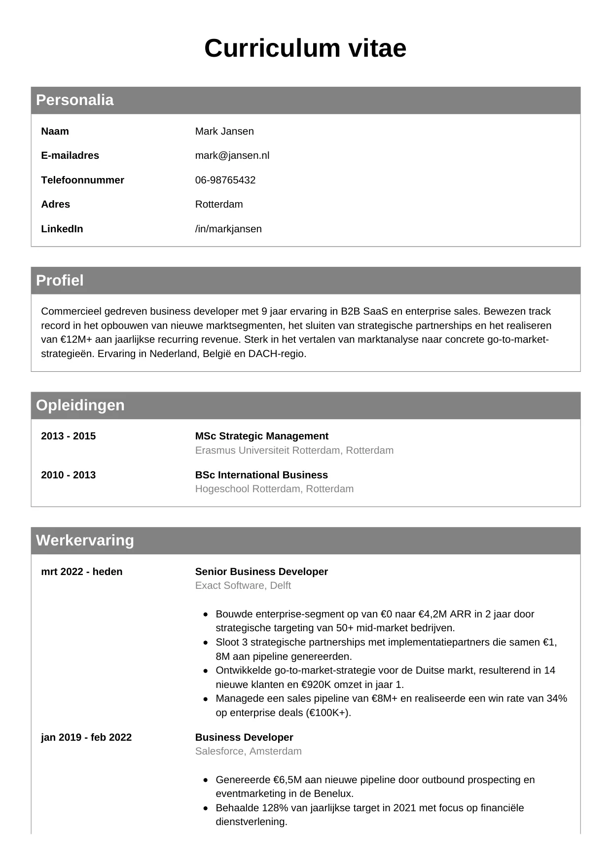 CV Klassiek voor business developer