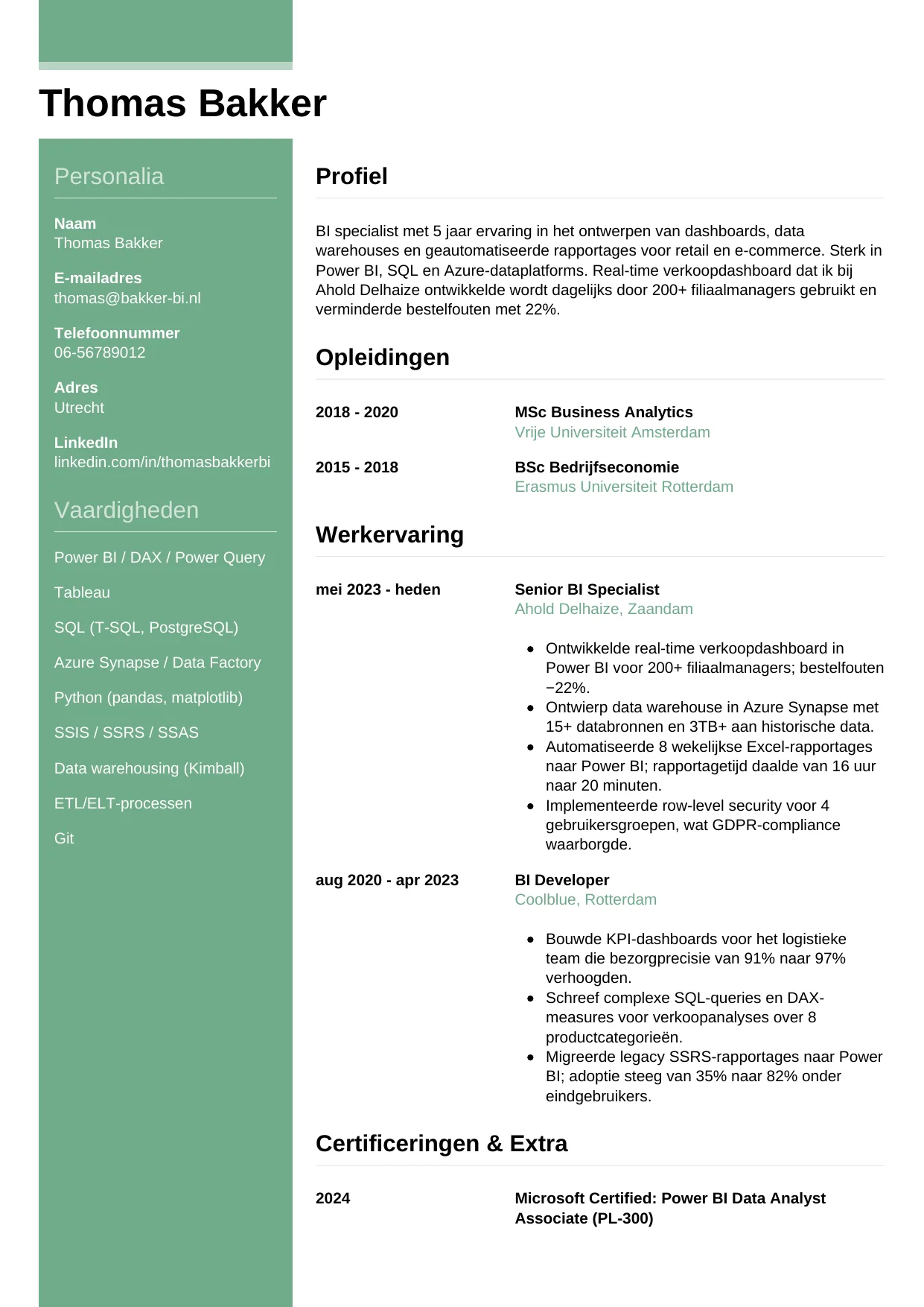 Voorbeeld CV voor bi specialist in template Casual. CV Casual voor bi specialist