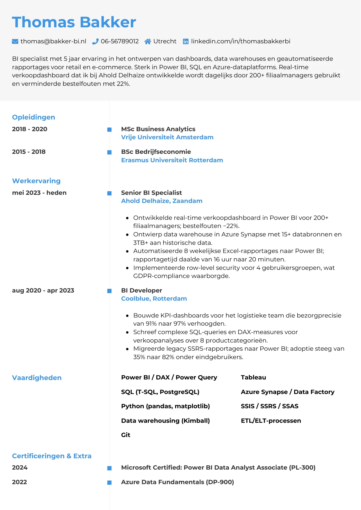 Voorbeeld CV voor bi specialist in template Chrono. CV Chrono voor bi specialist