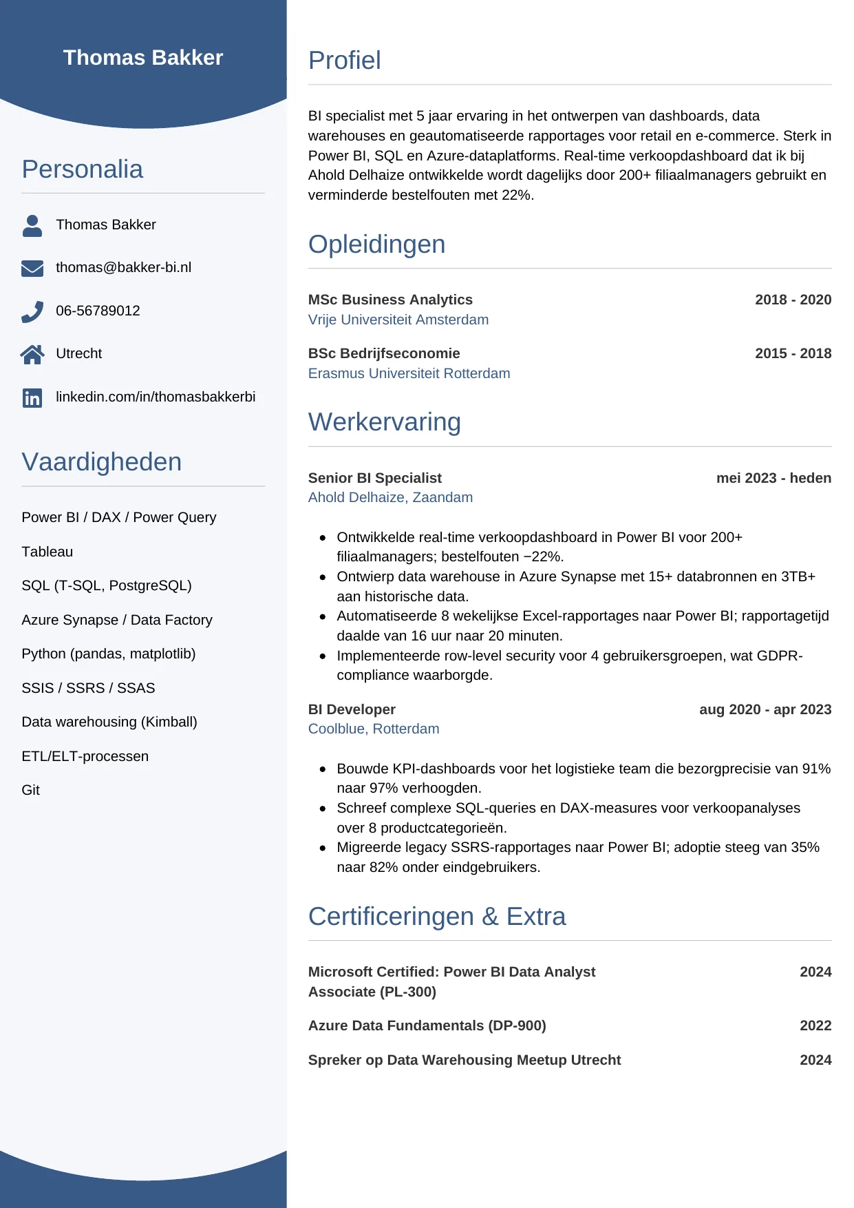 Voorbeeld CV voor bi specialist in template Circulair. CV Circulair voor bi specialist