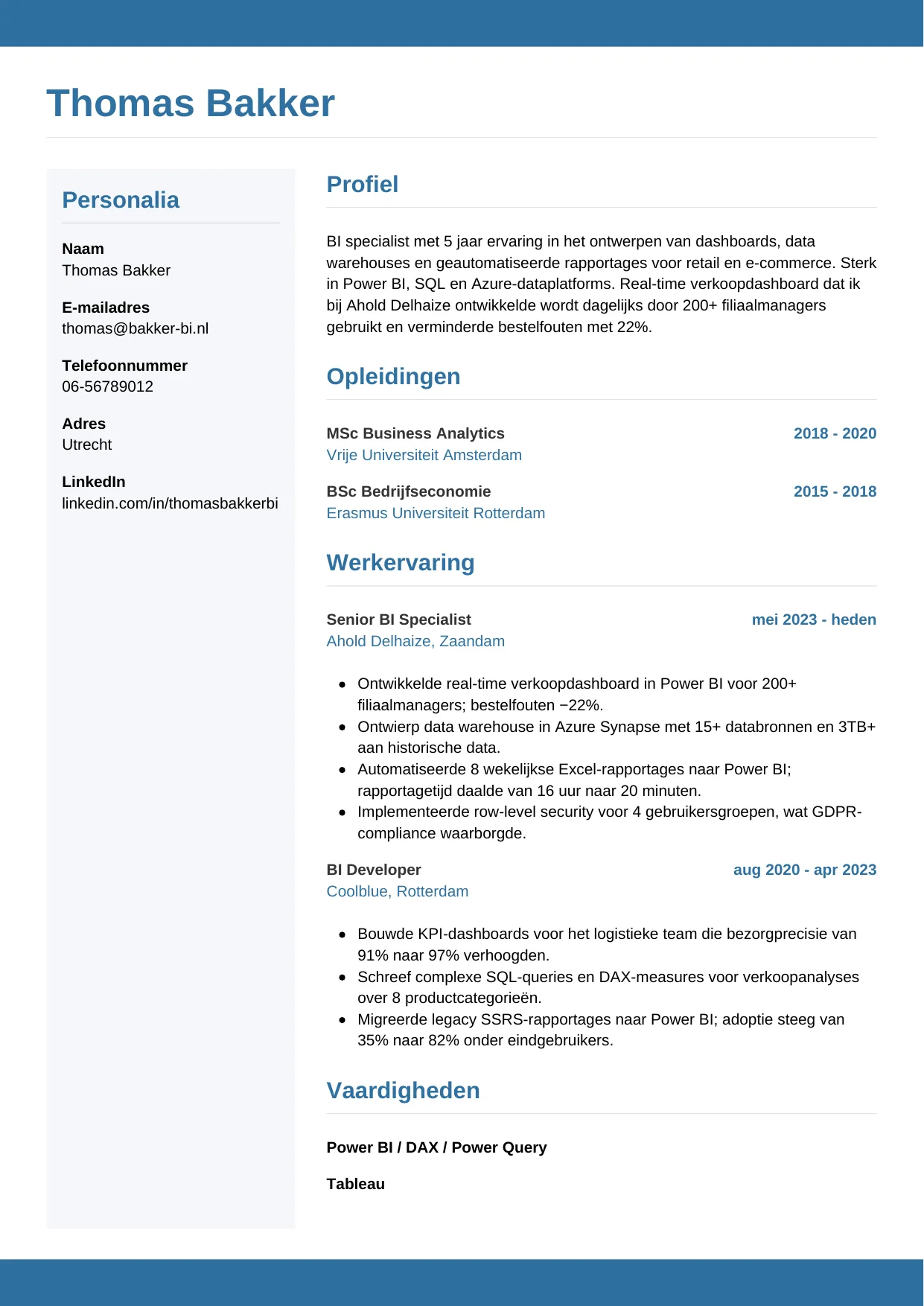 Voorbeeld CV voor bi specialist in template Horizontaal. CV Horizontaal voor bi specialist