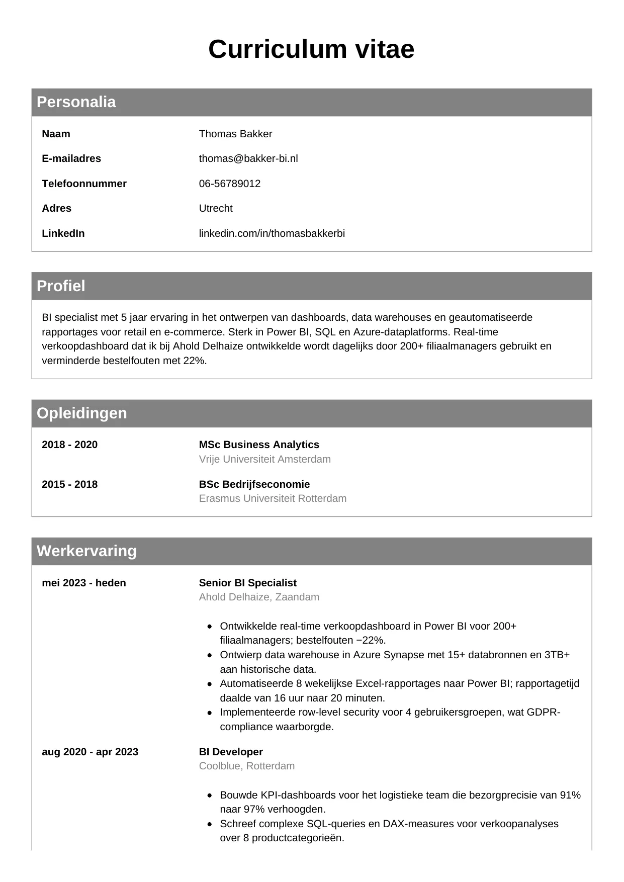 Voorbeeld CV voor bi specialist in template Klassiek. CV Klassiek voor bi specialist
