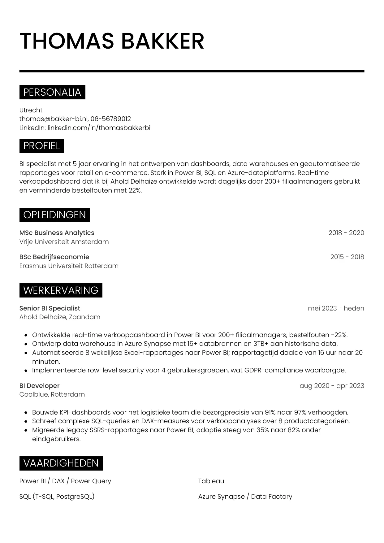 Voorbeeld CV voor bi specialist in template Metro. CV Metro voor bi specialist