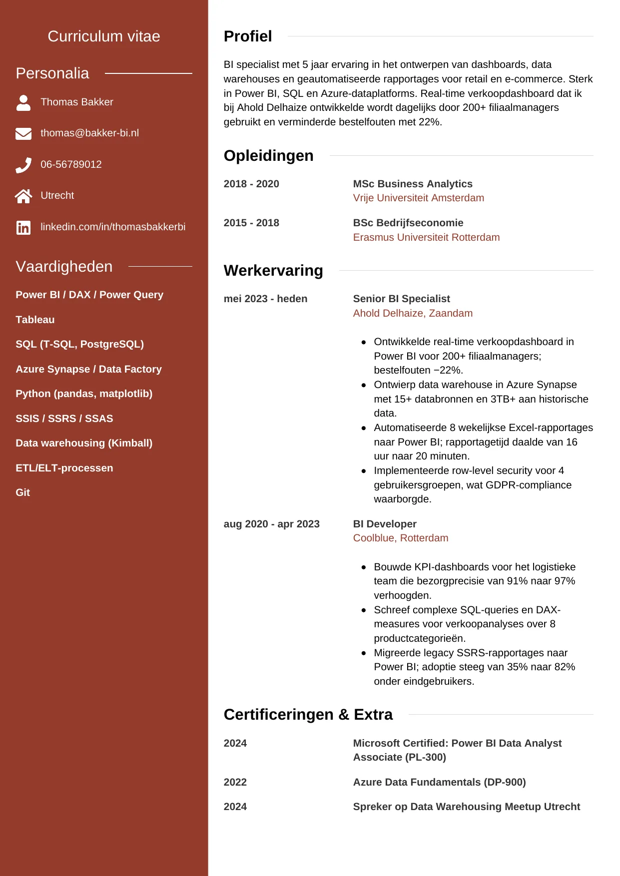 Voorbeeld CV voor bi specialist in template Modern. CV Modern voor bi specialist