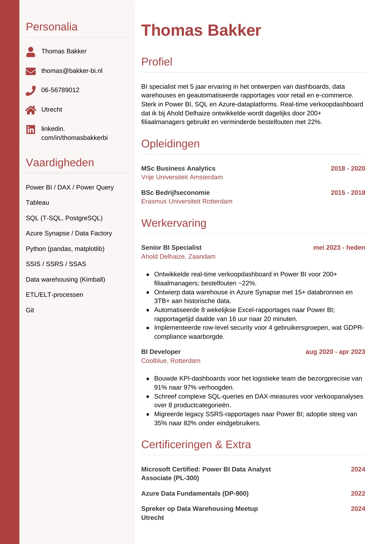 Voorbeeld CV voor bi specialist in template Verticaal. CV Verticaal voor bi specialist