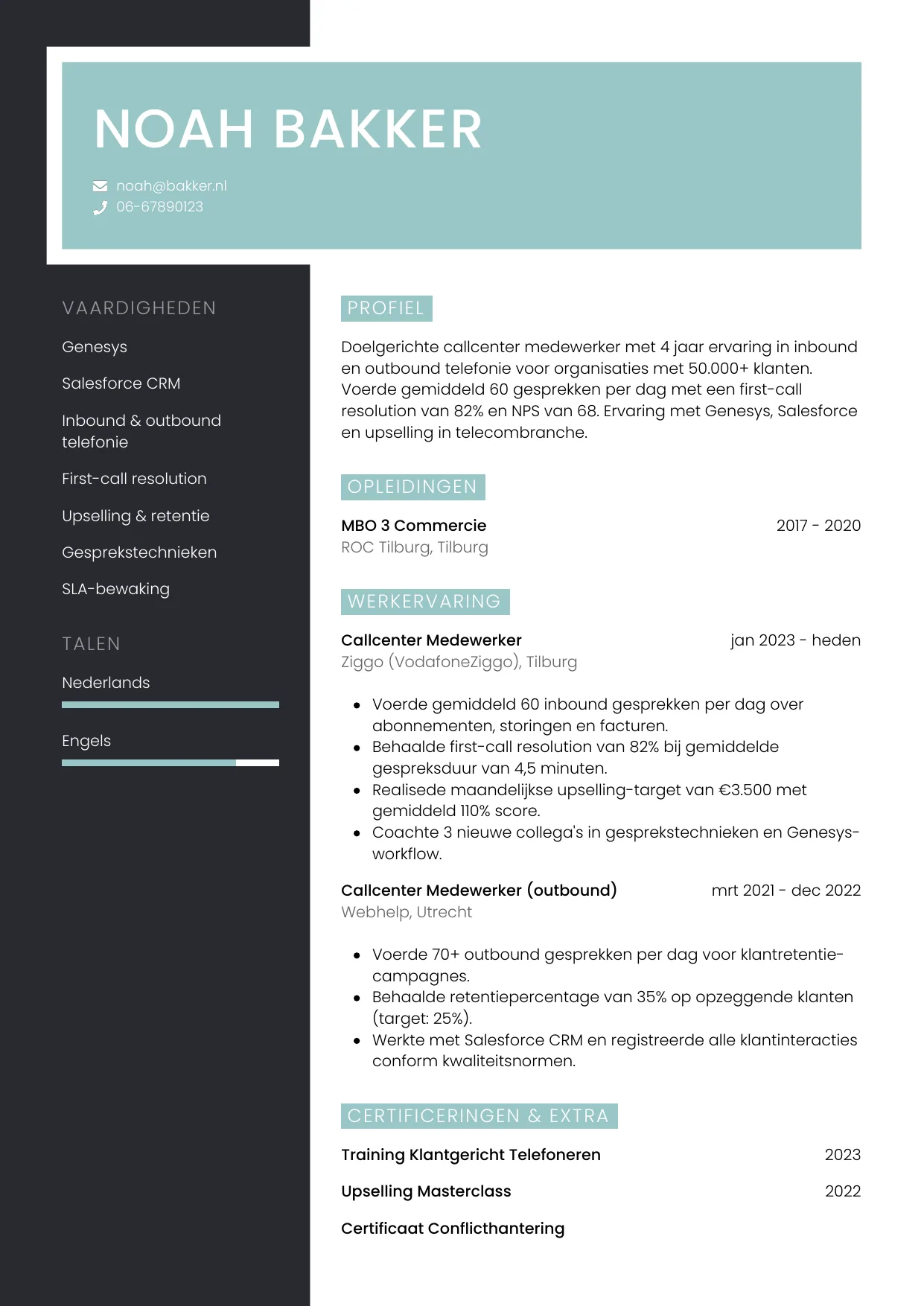 CV Elegant voor callcenter medewerker