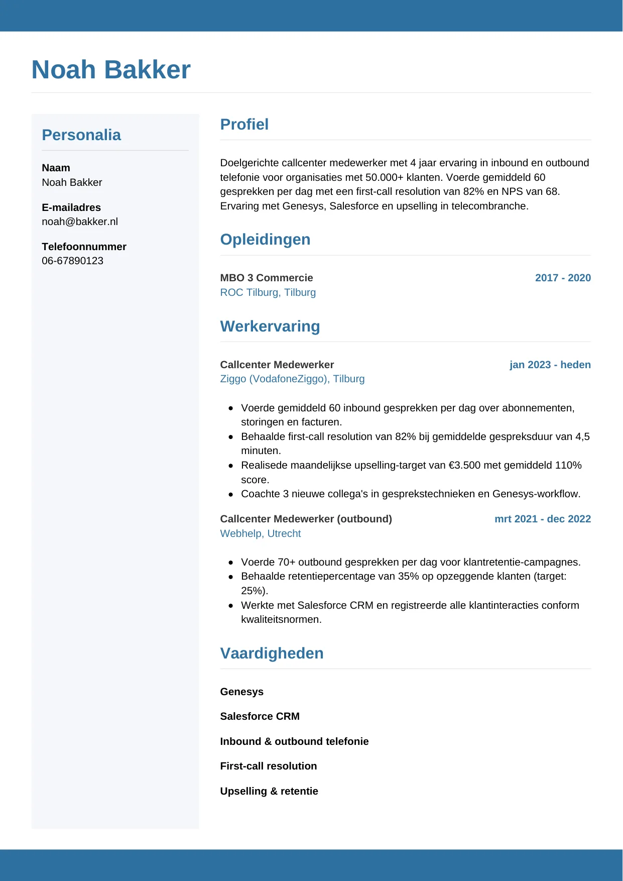 CV Horizontaal voor callcenter medewerker