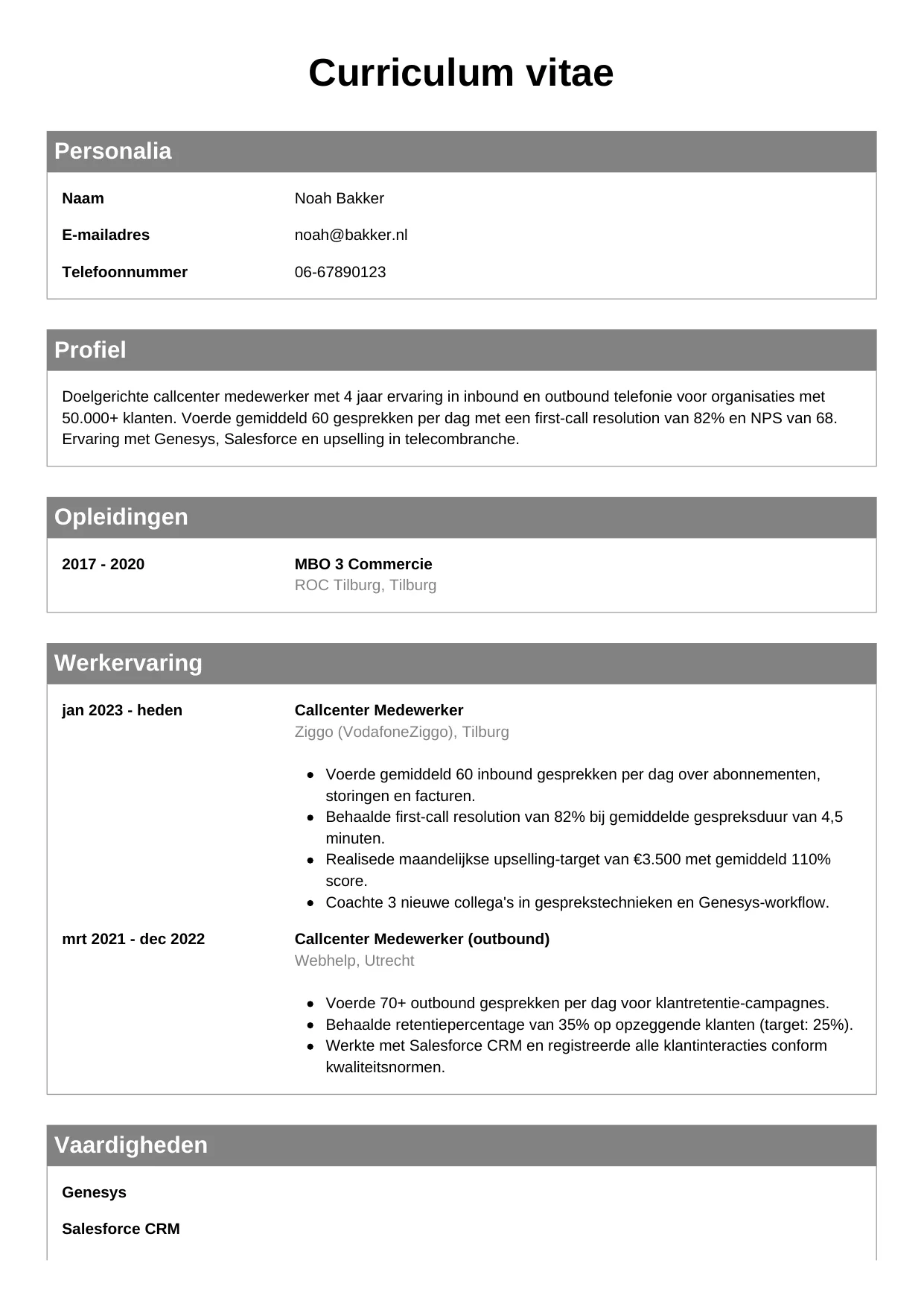 CV Klassiek voor callcenter medewerker