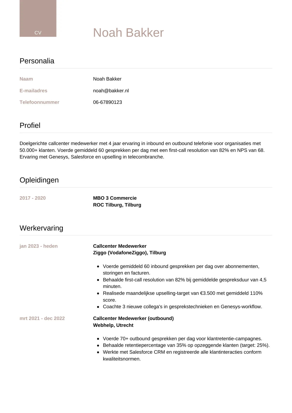CV Luxe voor callcenter medewerker