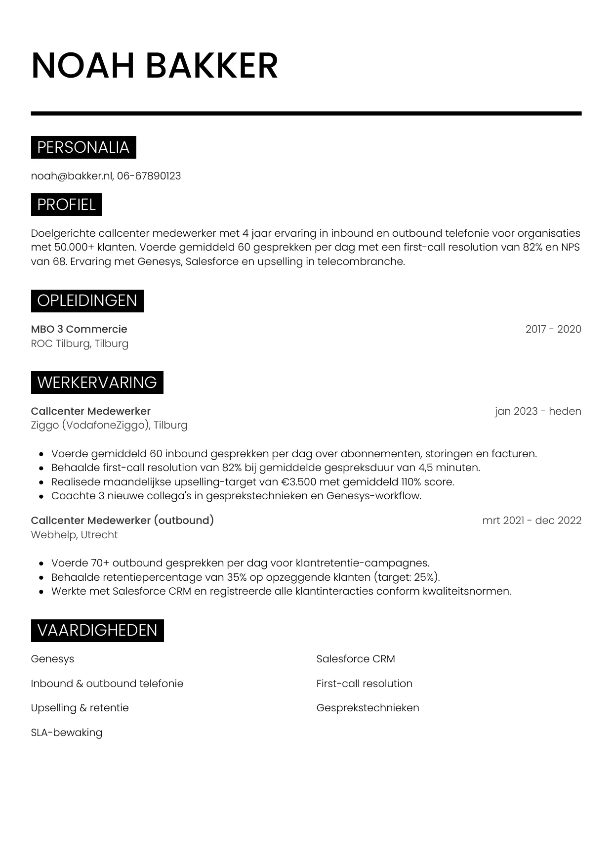 CV Metro voor callcenter medewerker