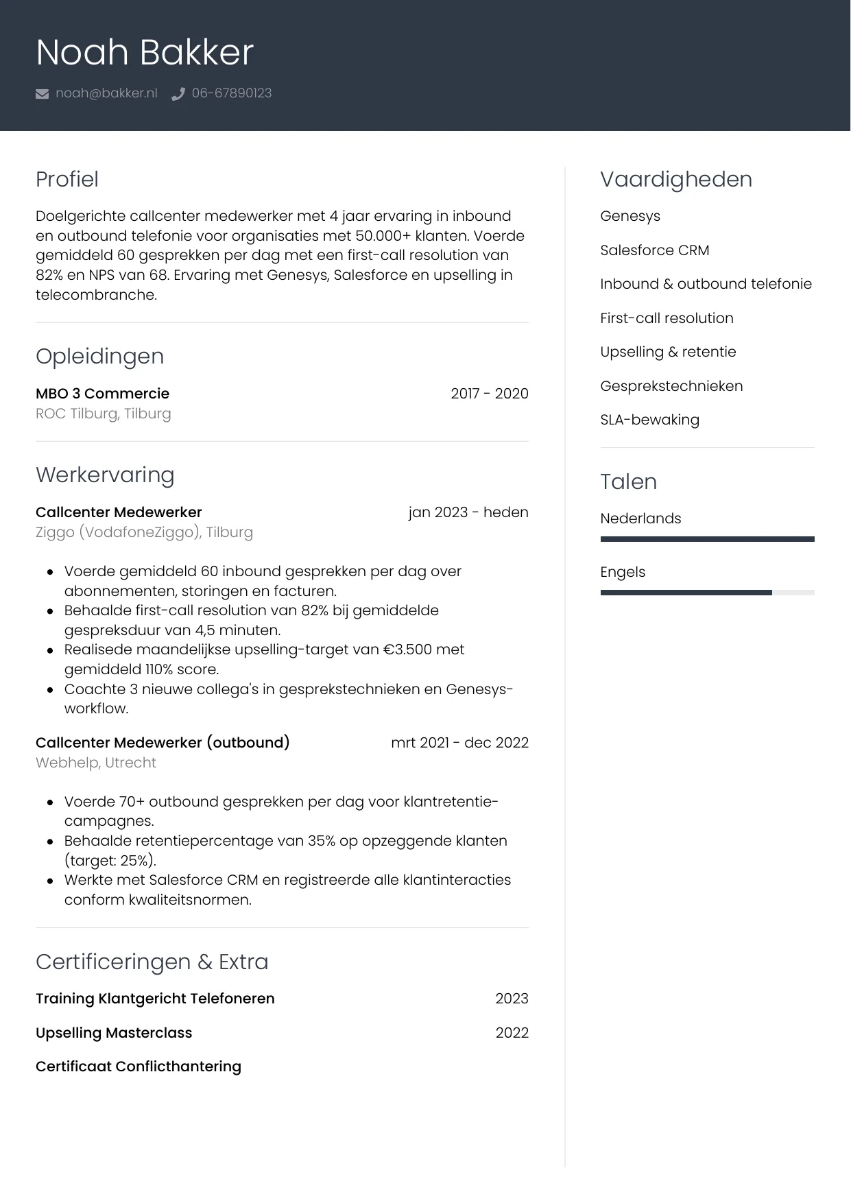 CV Professioneel voor callcenter medewerker