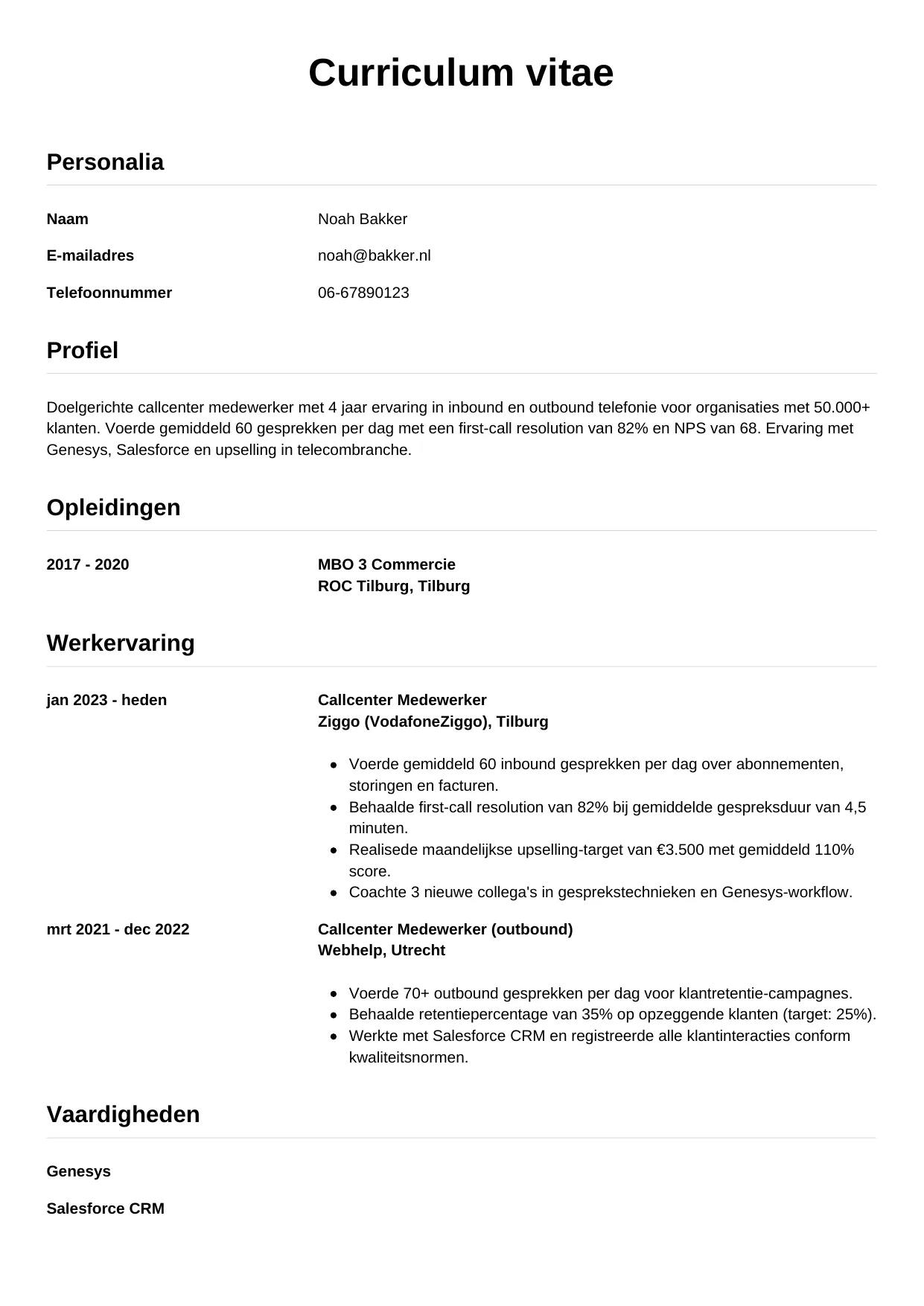 CV Simpel voor callcenter medewerker