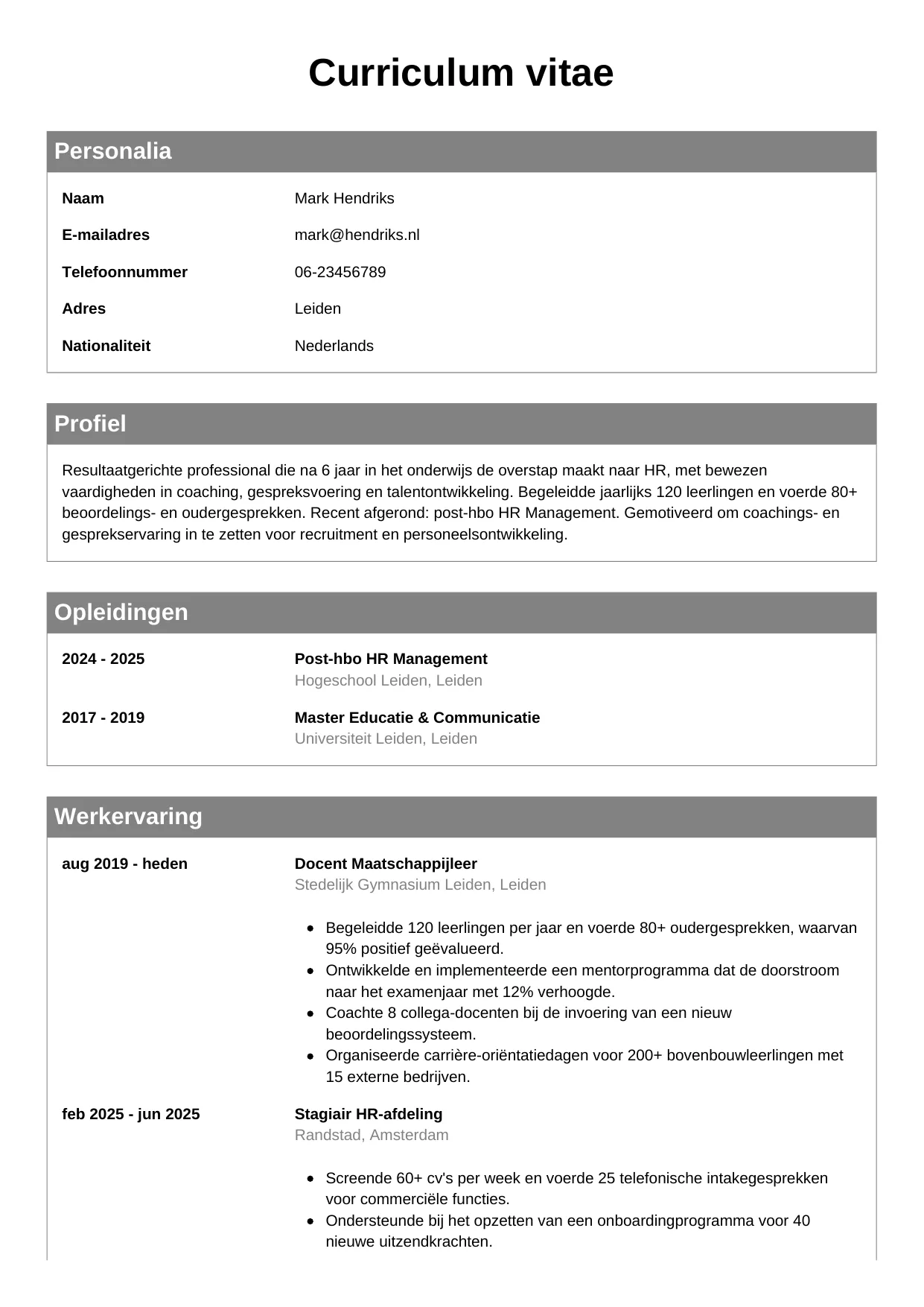 CV Klassiek voor carrièreswitcher