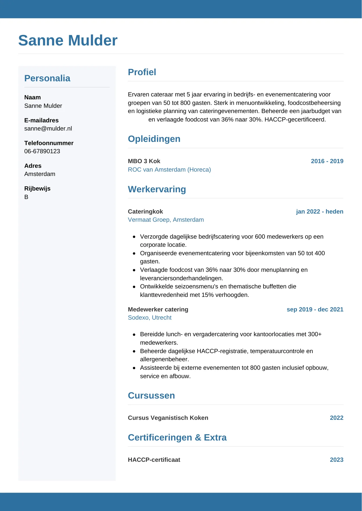 CV Horizontaal voor cateraar