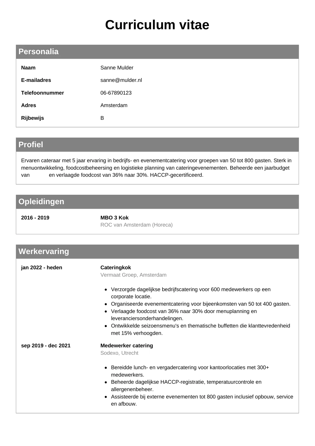 CV Klassiek voor cateraar