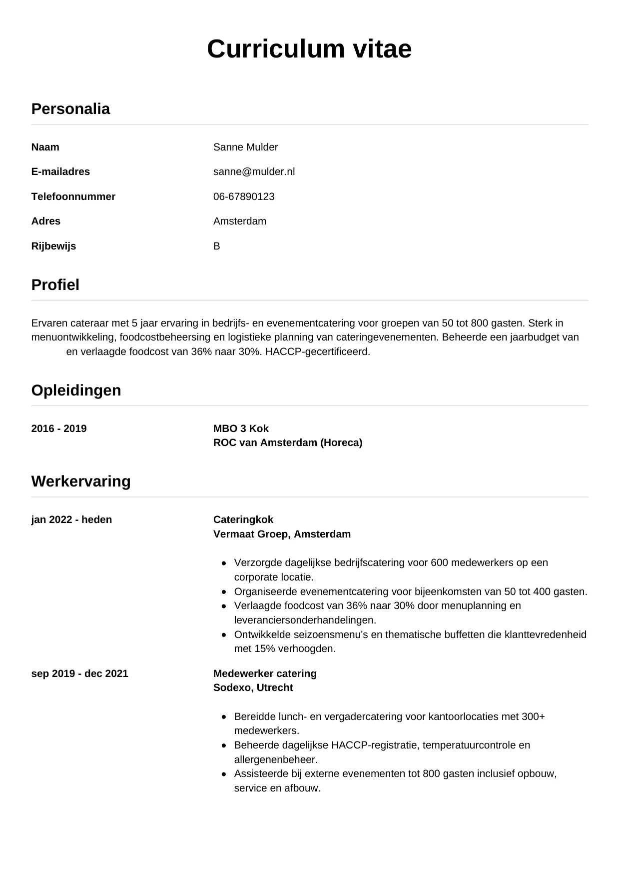 CV Simpel voor cateraar