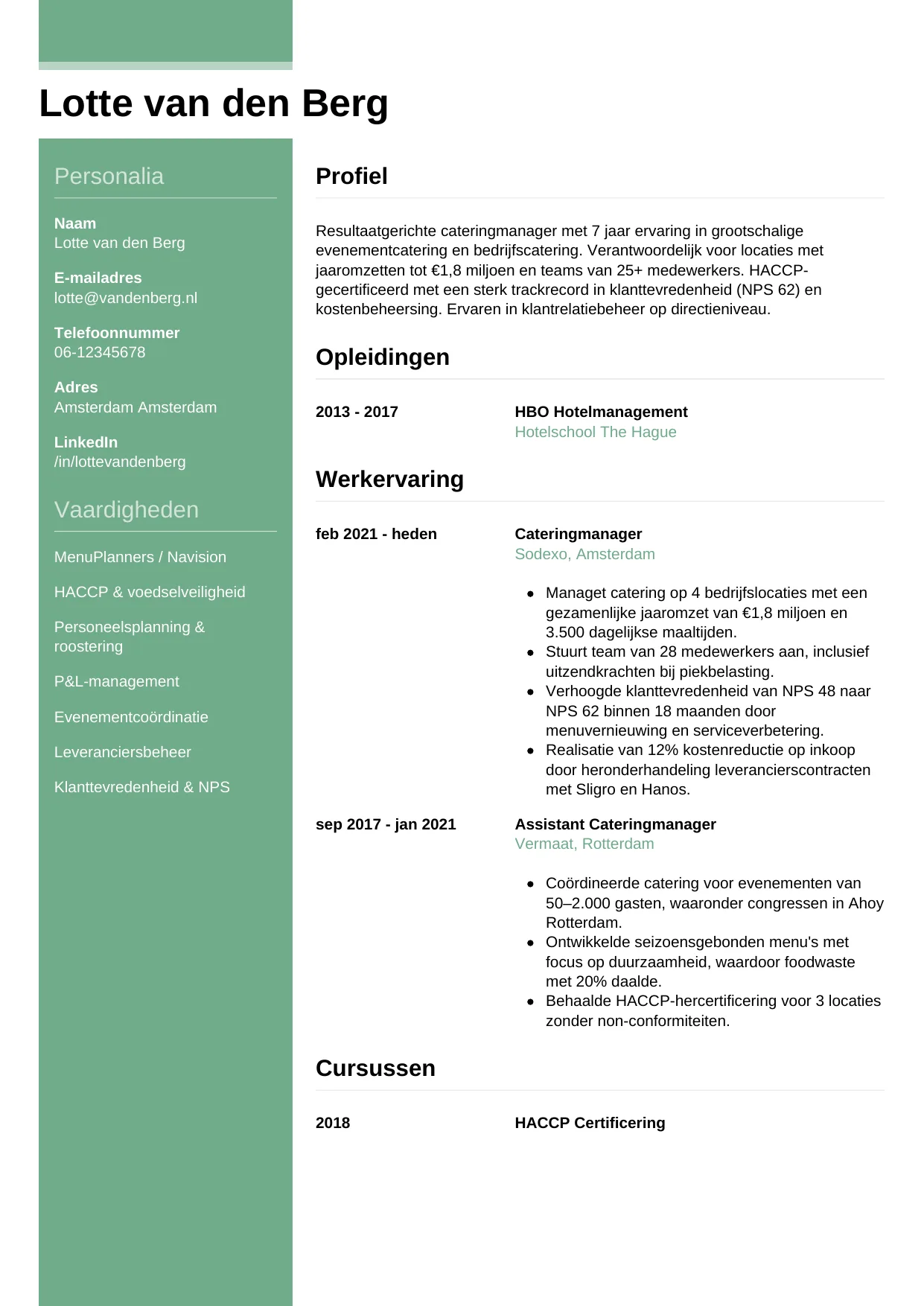 CV Casual voor cateringmanager